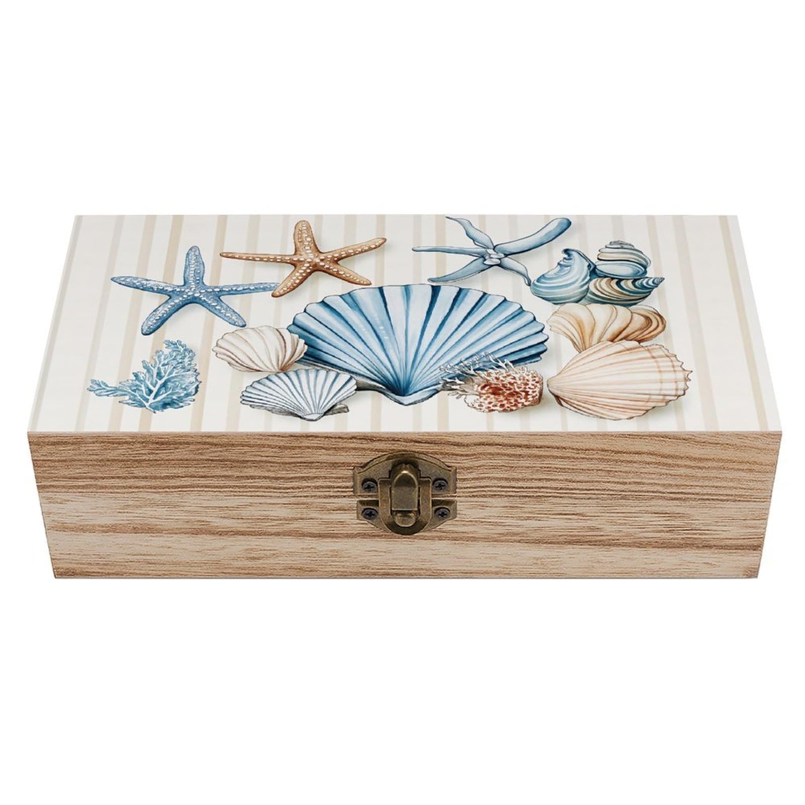 HLBSDM Seashell Starfish Coral Beach Vintage Wooden Keepsake Box with Hinged Lid And Locking Clasp, Decorative Storage Box for Jewelry, Trinkets And Small Accessories, Organizer for Home Or Wedding