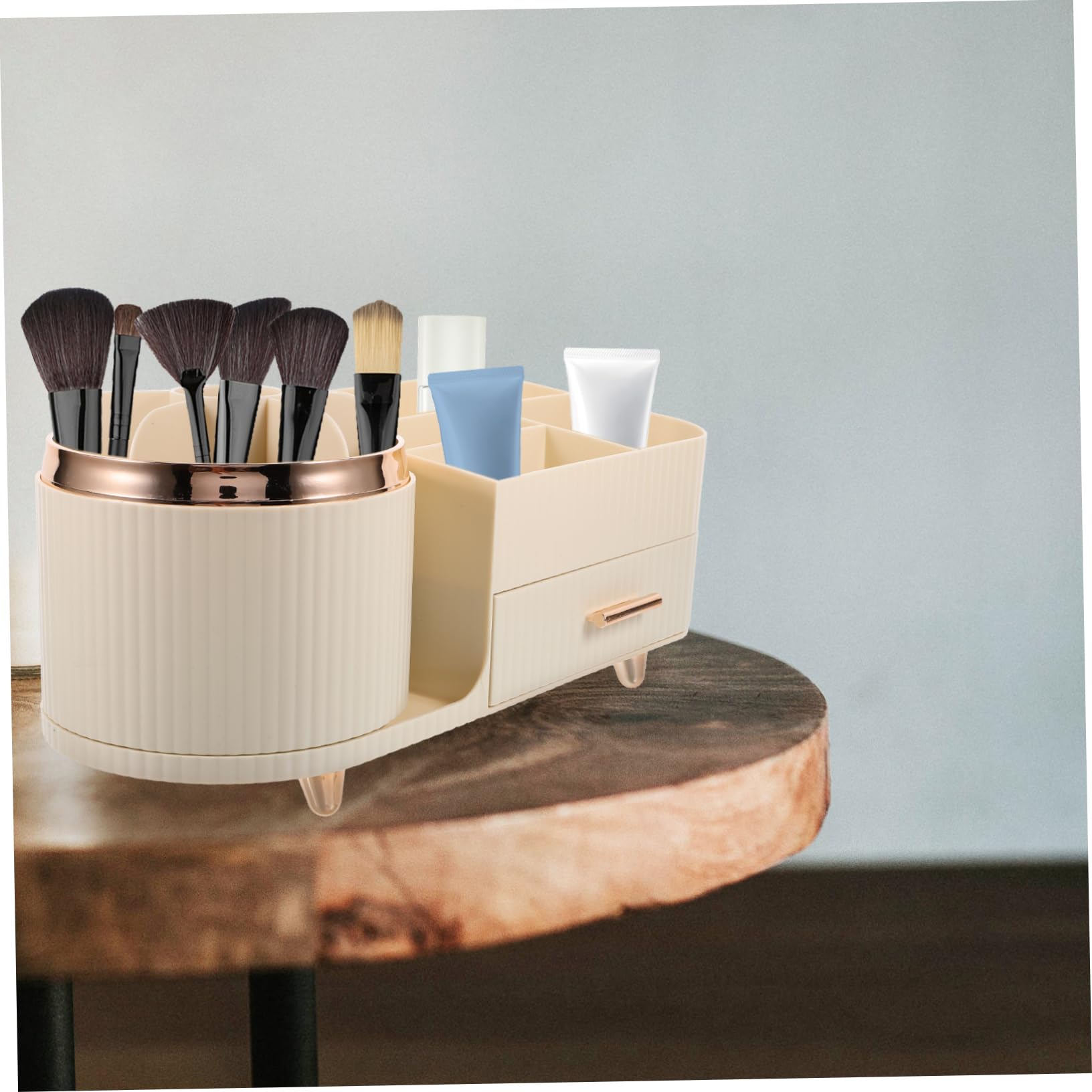 VALICLUD Drehbarer aus Kunststoff Pinselhalter Make Up mit Schublade und Fächern Großer Schminktisch Organizer für Ordentliche Aufbewahrung