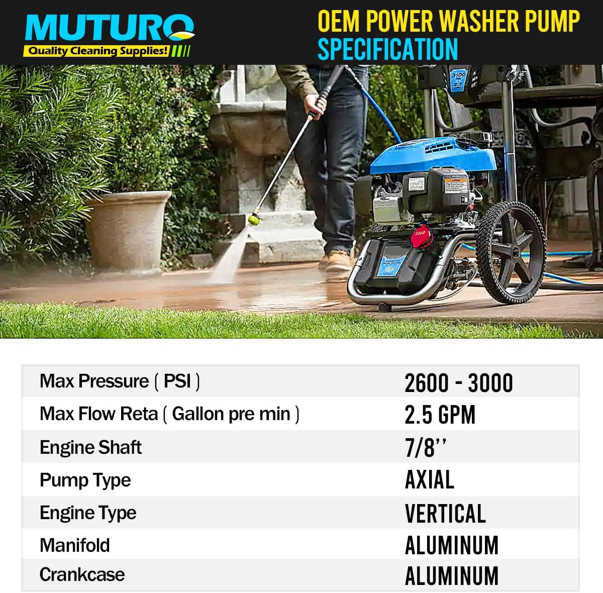 Vertical Pressure Washer Pump 7/8" Shaft, 3000 PSI, 2.5 GPM Replacement Power Washer Pump, Compatible with gcv190, 308653078, Rear facing, M22-14mm Outlet
