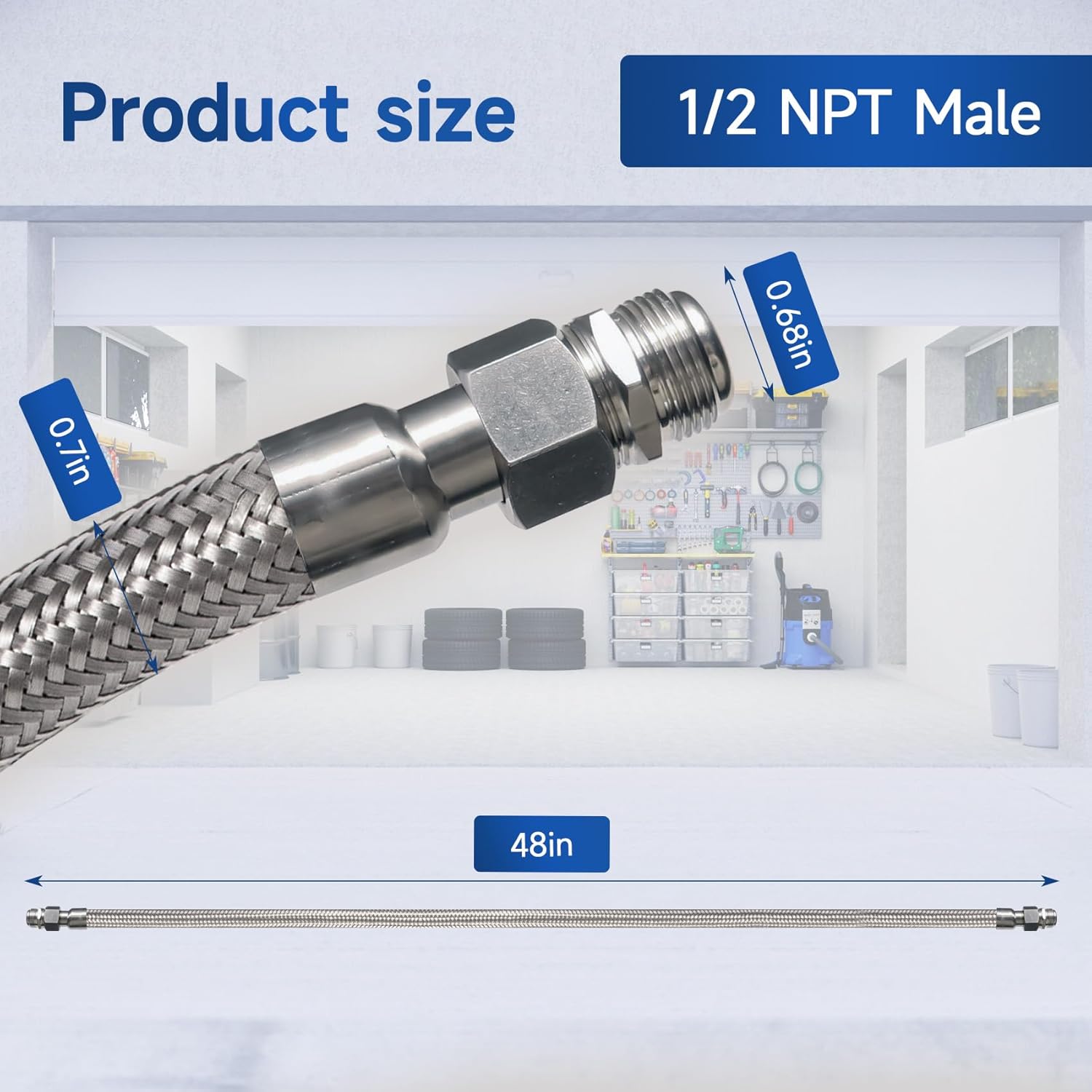 1/2" Air Hose 48 Inch Compressor Jumper Hose, Industrial Air Compressor Hose for Air Piping System With 2 pcs 1/2 Inch NPT Male Parts (450 PSI &750°F)