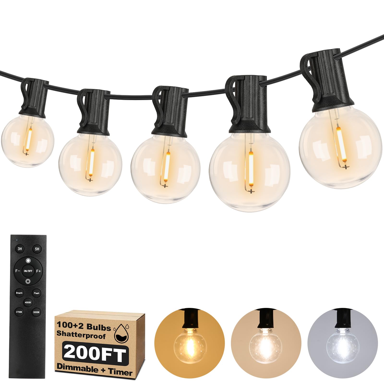 Photo 1 of 200FT LED Outdoor String Lights with 3 Color Lights, Dimmable String Lights for Outside with Remote, G40 Globe Waterproof Patio Lights with 100 Shatterproof Bulbs for Party Backyard BBQ House Camping