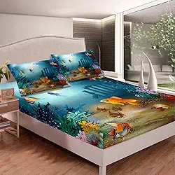 Feelyou Conjunto de lençol infantil com elástico de peixe tropical criatura do oceano conjunto de lençol de cama animal do mar lençóis de mundo subaquático tamanho twin inclui 1 lençol e 1 fronha (sem lençol plano)