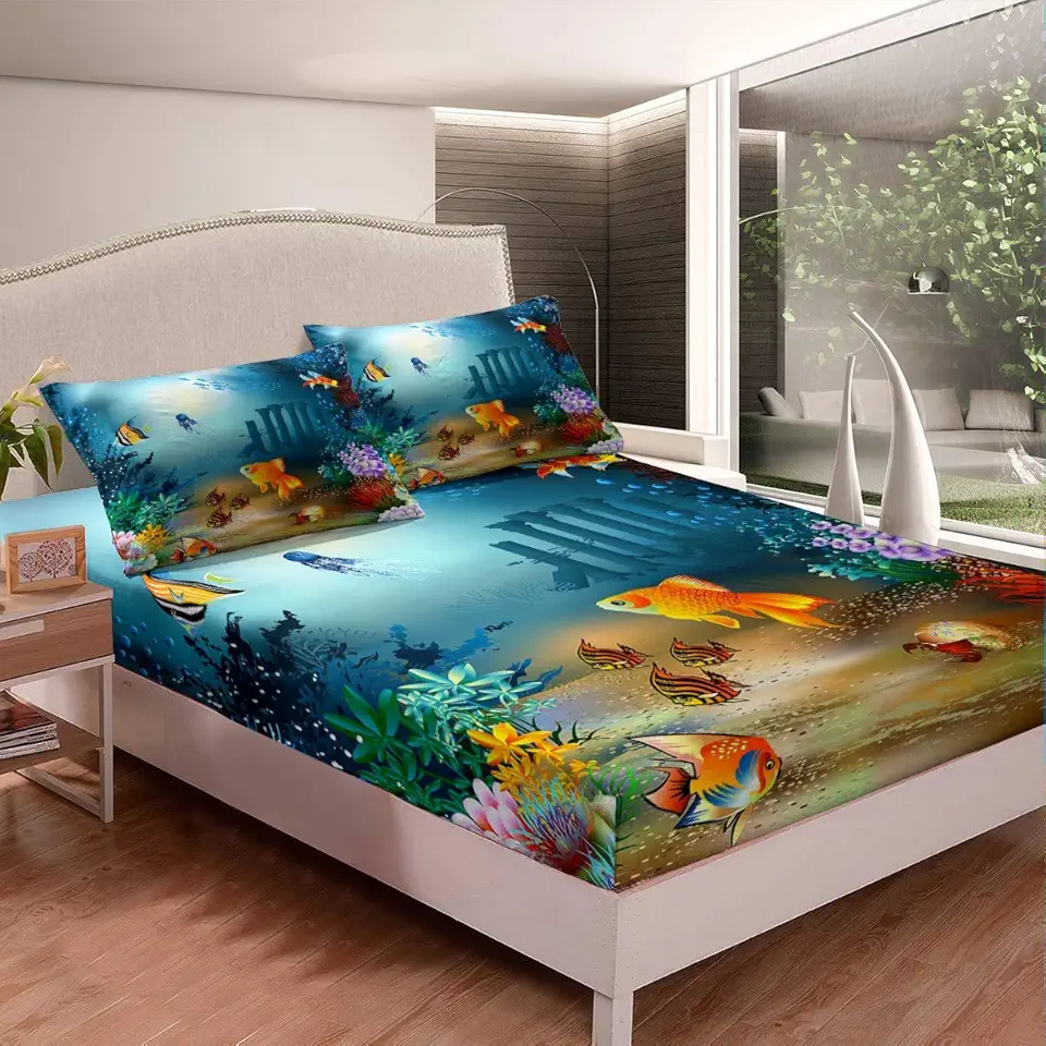 Feelyou Conjunto de lençol infantil com elástico de peixe tropical criatura do oceano conjunto de lençol de cama animal do mar lençóis de mundo subaquático tamanho twin inclui 1 lençol e 1 fronha (sem lençol plano)