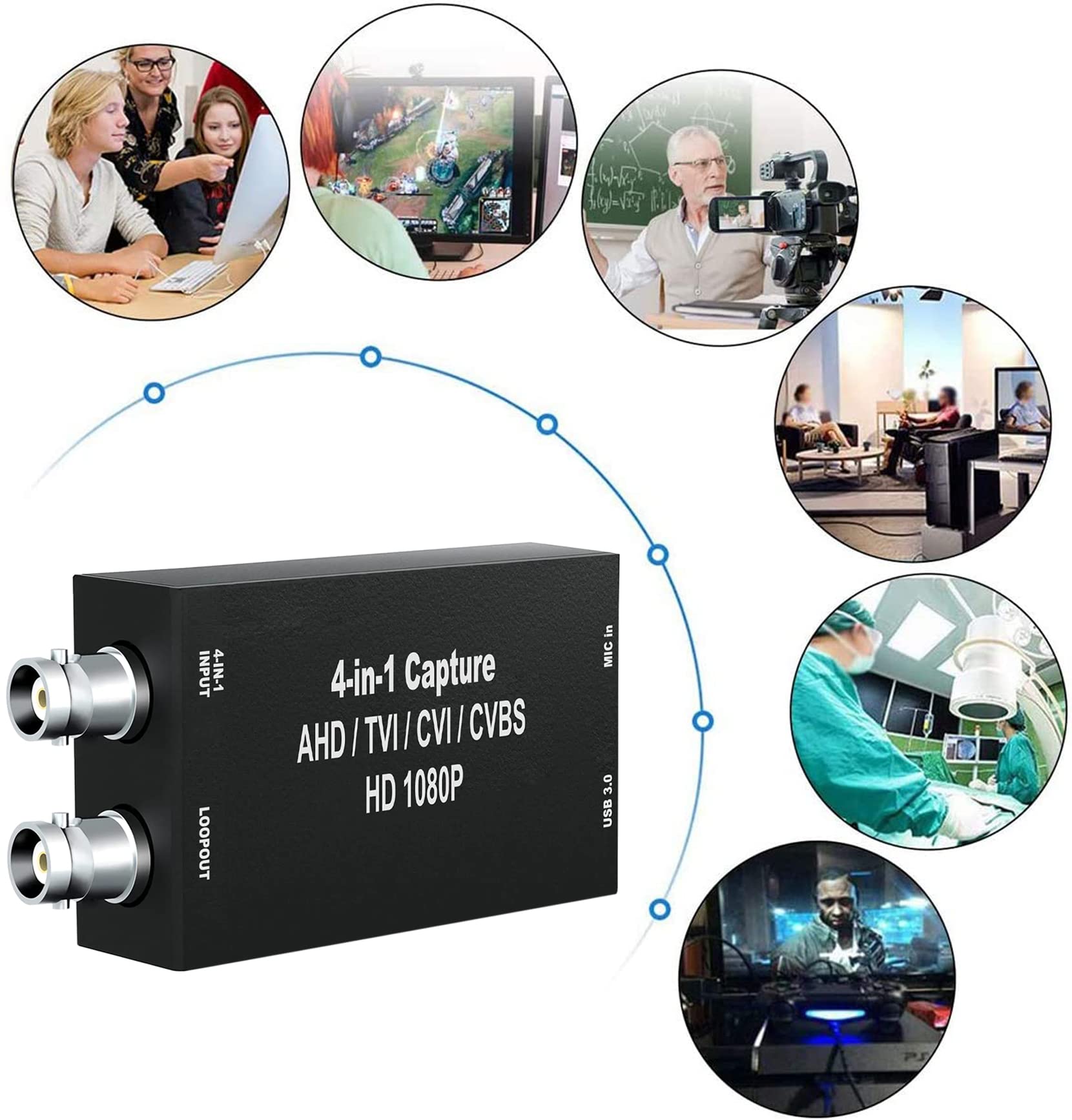 AHD Capture Card with Loopout, 1080P AHD/TVI/CVI/CVBS/AV/RCA to USB 3.0 Video Capture Card, BNC to USB Capture Card for Streaming Game Streaming Video Recording for Windows, Linux, OS