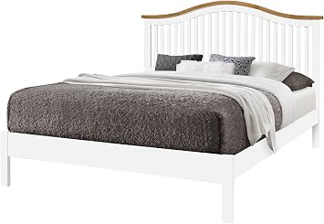 White & oak finish chunky, strong solid wood wooden bed frame.Curved headboard head end, low foot end board 4ft6 Double
