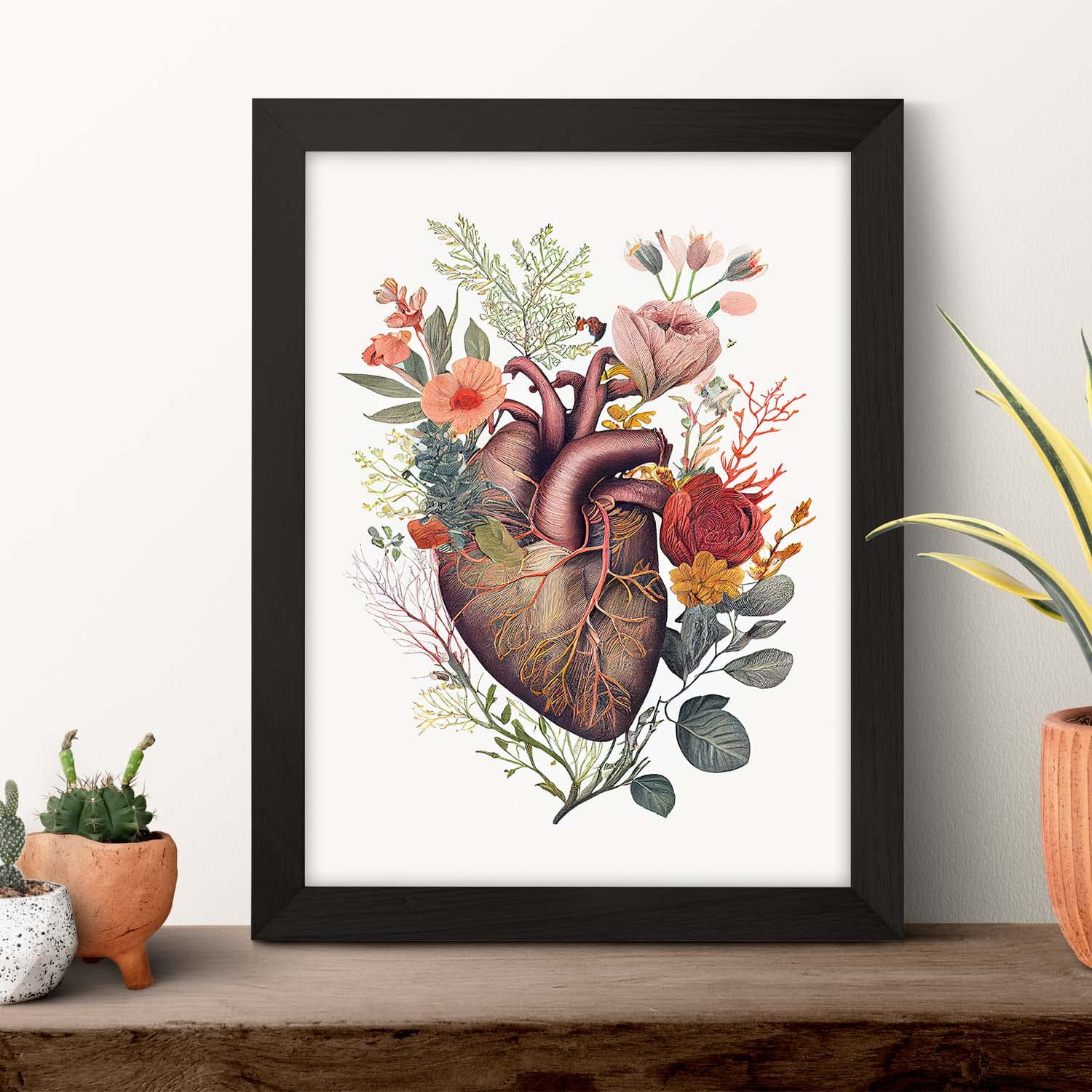 Nacnic anatomiczny plakat serca na białym tle kolorowa ilustracja części ludzkiego ciała z kwiatami Czarna ramka A3