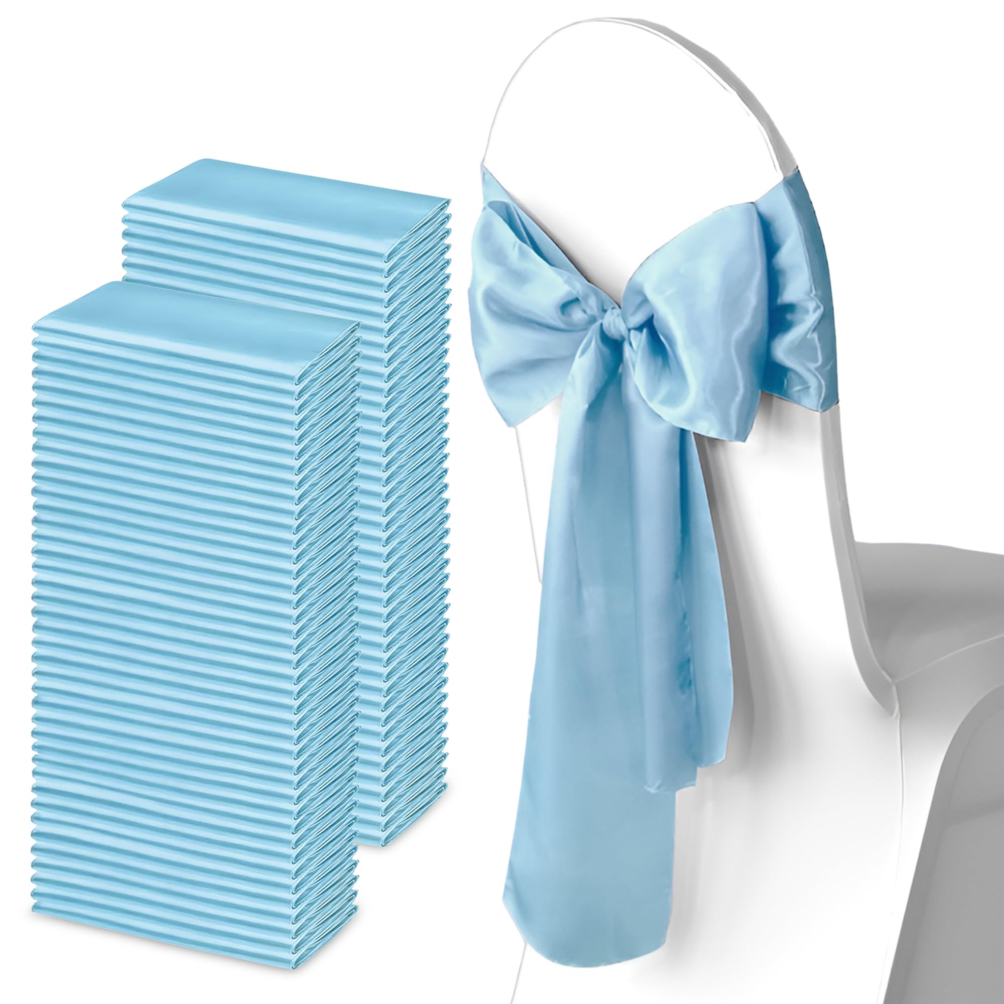 Trimming Shop 7" x 108" Baby Blue Satin Chair Sahes, 100 pcs