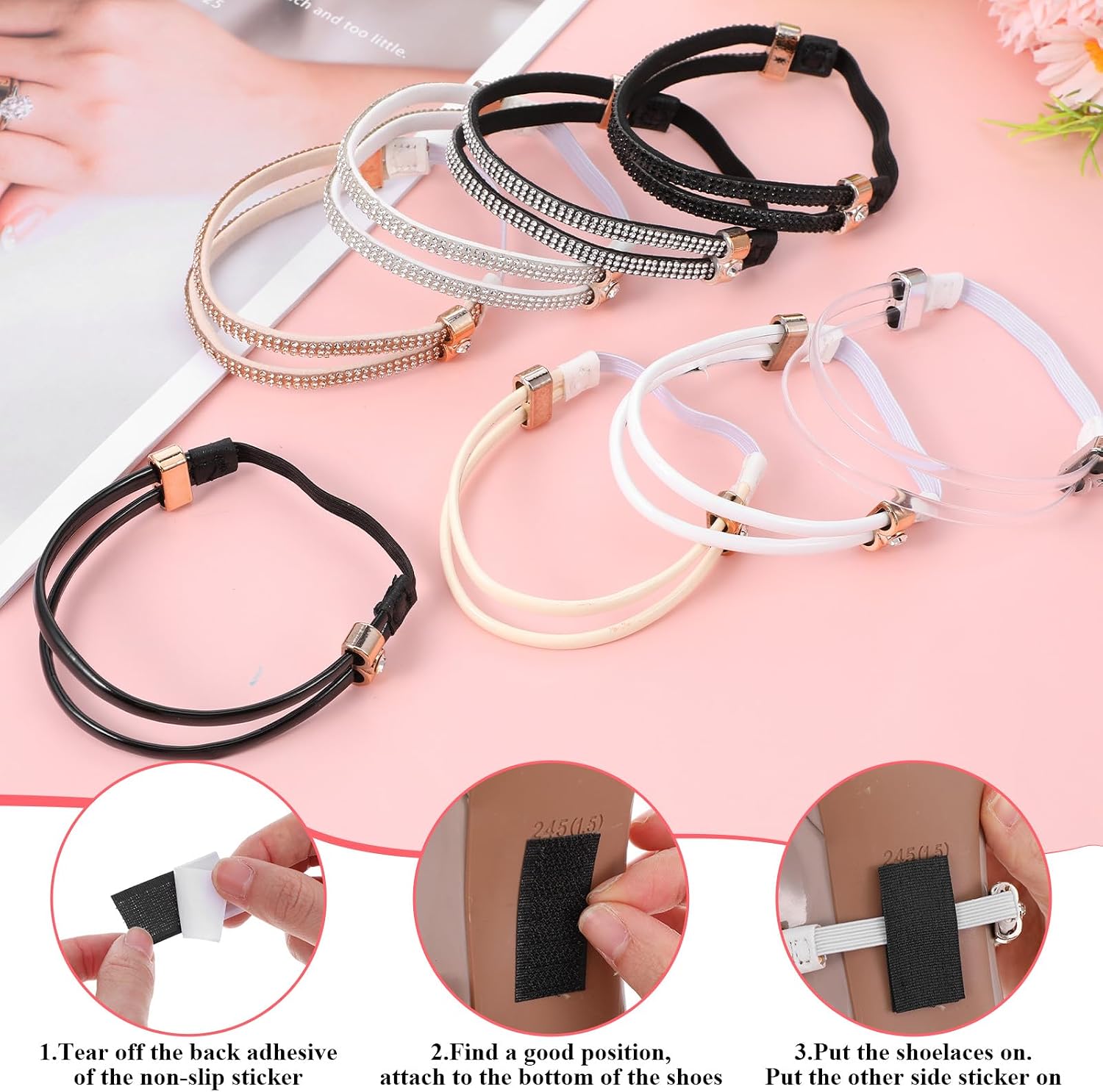 8 Pairs Elastic High Heels Shoe Straps, PU Detachable Rhinestone Replacement Ankle Strap Adjustable Holding Heels Shoe Bands Belt Shoelace for Girls Women Loose Sandals Slippers Anti-Loose
