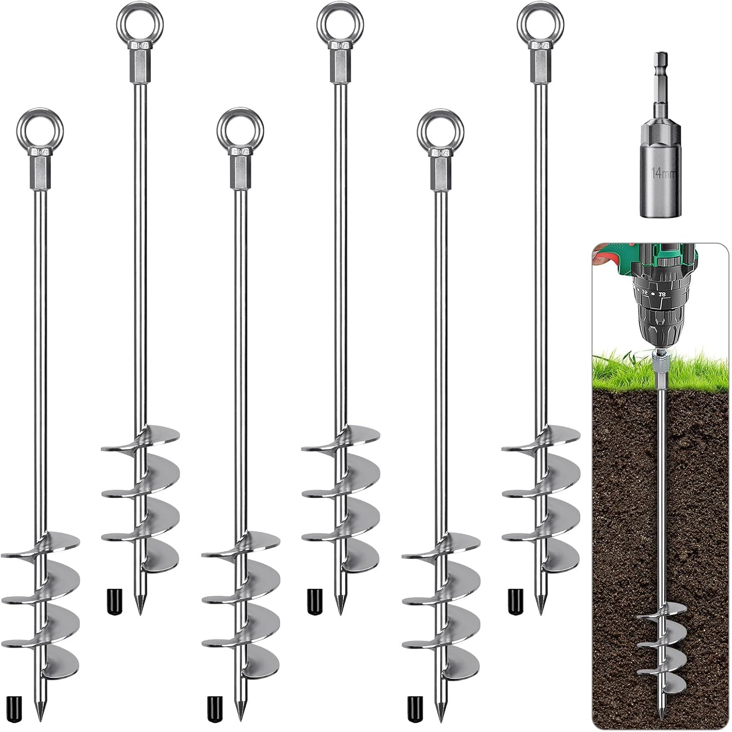 BeneLabel 6 Pcs 24" Heavy Duty Ground Anchor Screw in Swing Set Anchor 2.7" Dia Trampoline Anchors High Wind Shed Anchors for Mobile Home, Camping Tent, Swingset, Canopy, RV Awning, Black