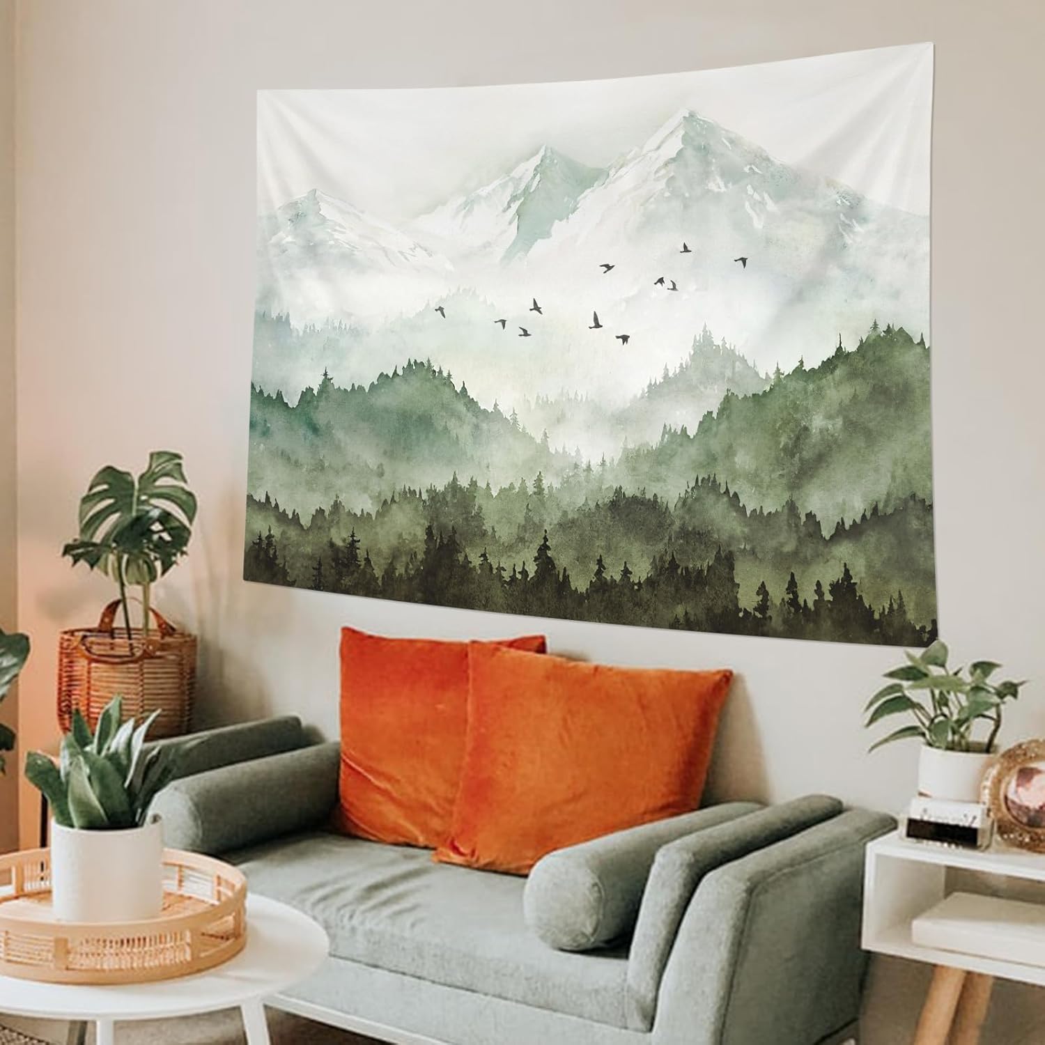 kampdream Mountain Forest Tapestry, Misty Foggy Sage Green Tree Landscape Watercolor Art Wall Tapestries, Nature Scenery Tapestry for Bedroom Living Room Backdrop 68×90 inch