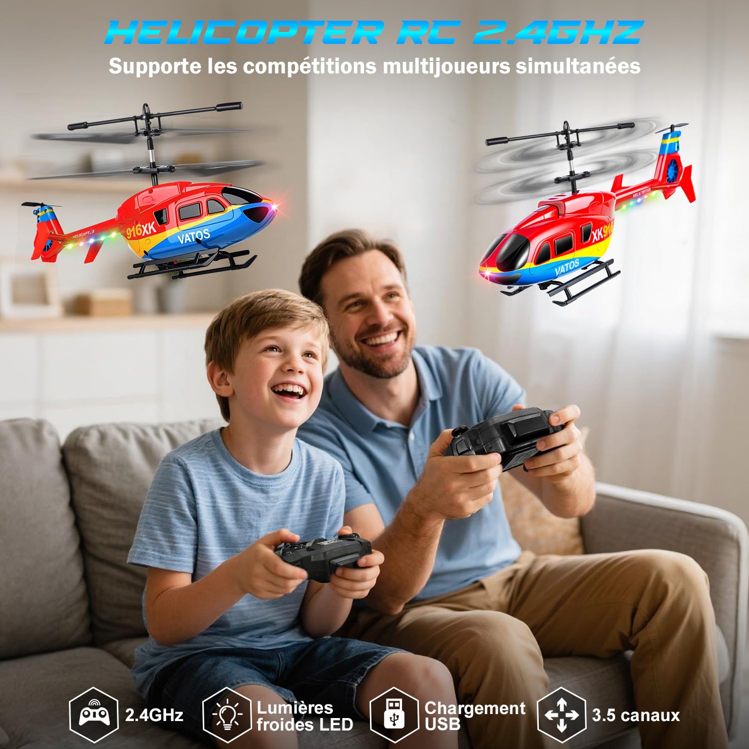 VATOS Hélicoptère télécommandé, 2.4GHz avec Gyroscope et lumière LED, 3.5 CH décollage et atterrissage par Une Seule Touche,Jouet d'intérieur pour Enfants et Adultes débutants âge 10+