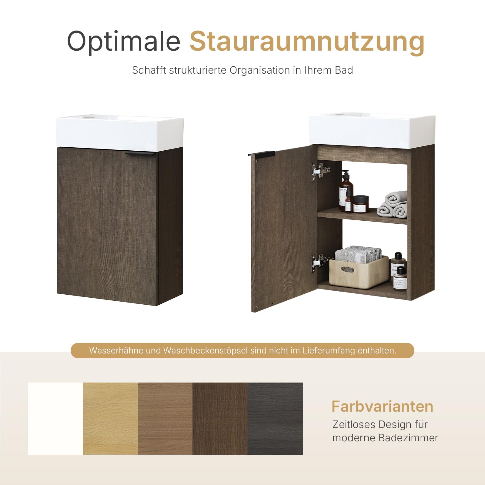 EMKE Waschtisch mit Unterschrank 41 cm, Badmöbel-Set mit Keramikwaschbecken – ideal für Gäste-WC & kleines Bad, Waschbecken mit Unterschrank, Geräucherte Eiche