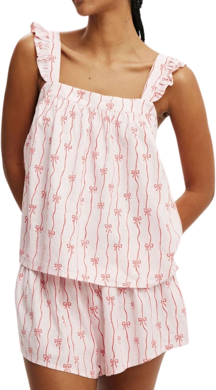 Women’s Y2K 2 Piece Set Bow Striped Sleeveless Pajama Set Ruffle Summer Tank Top Shorts Lounge Sets