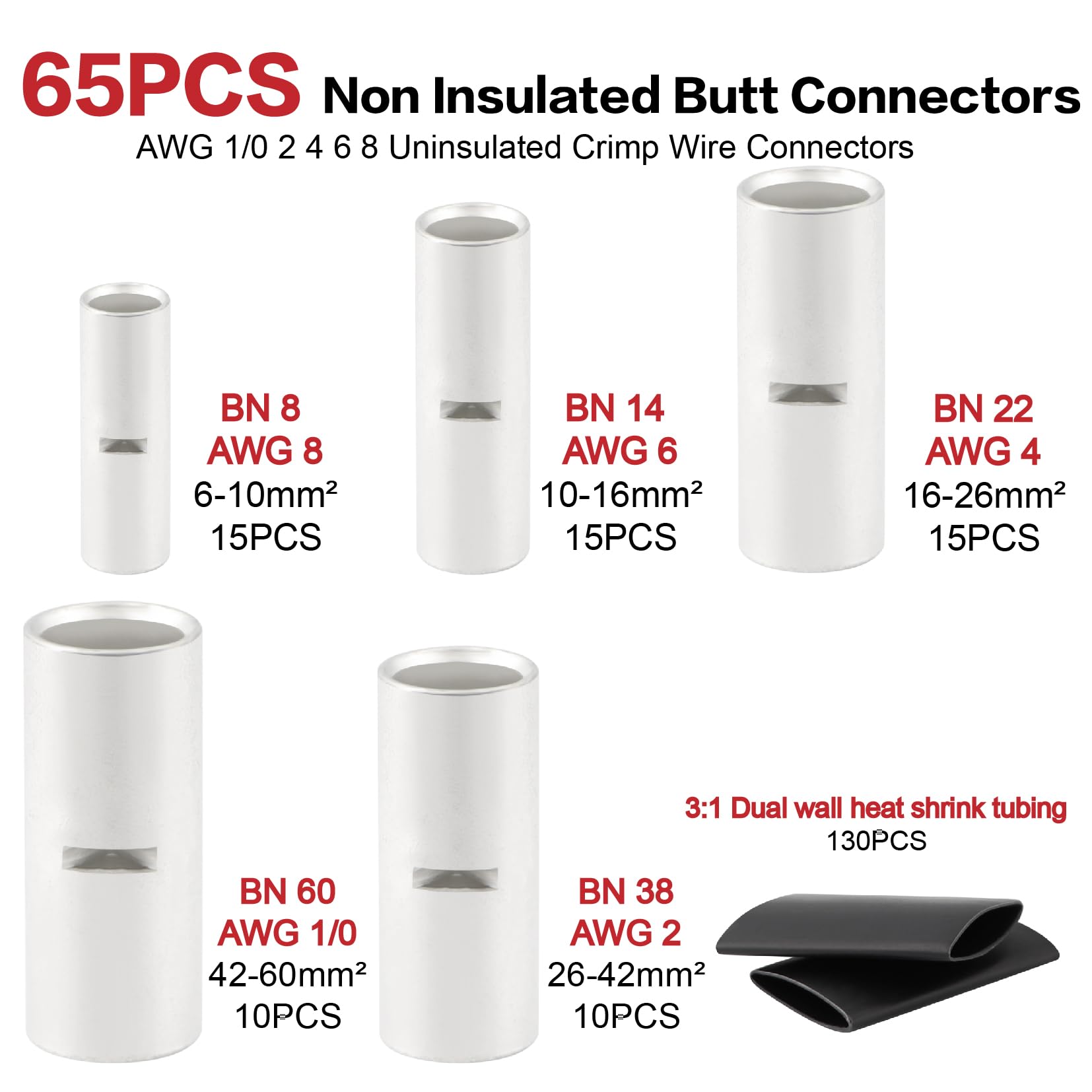 260Pcs BN8-BN60 Non Insulated Butt Connectors and AWG 1/0 2 4 6 8 Tinned Battery Cable Connector kit,65pcs Uninsulated Crimp Wire Connectors,65Pcs Lugs Terminal and 130PCS Heat Shrink Tubing