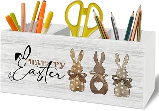 Happy Easter Bunny Decor, Bunny Rabbit Gifts, Bunny Easter Gifts for Women, Funny Pen Pencil Holder Organizer for Desk Accessories, Wooden Box Sign Desk Decor for Home Office Decoration