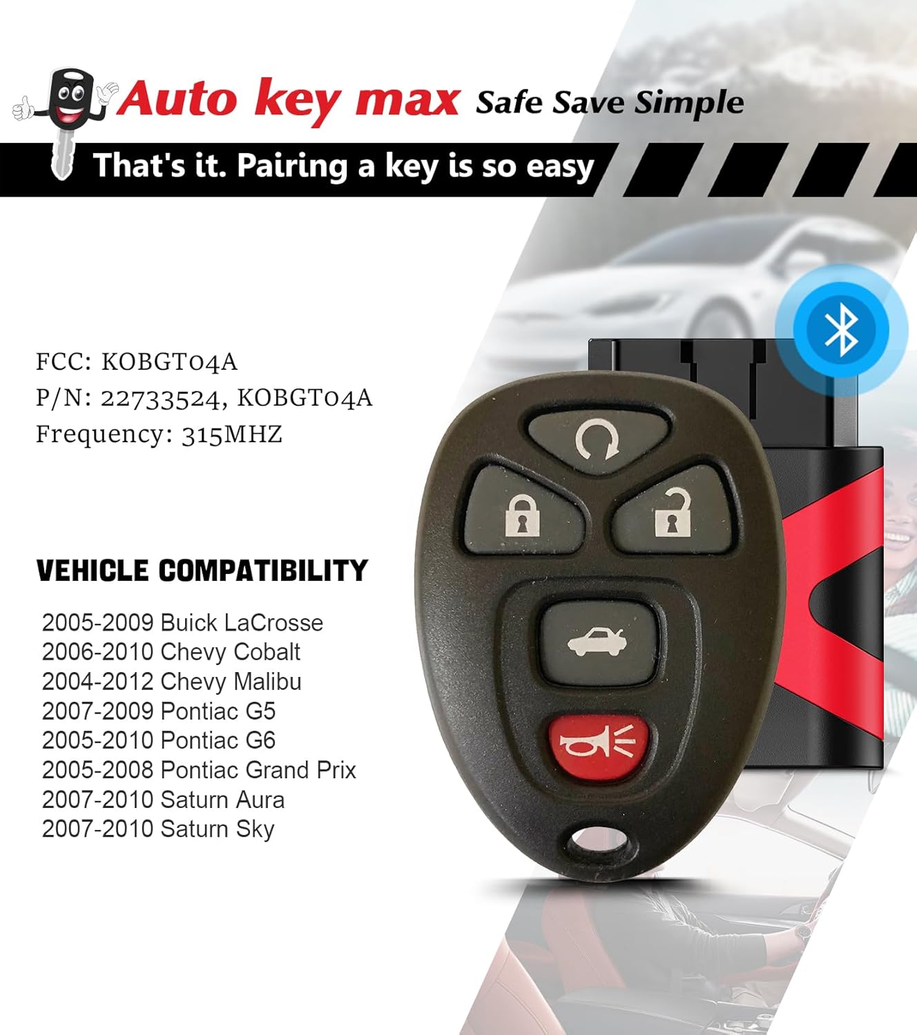 Simple Key Fob, Keyless Entry Remote Programmer Kit, Replacement for Chevy Malibu 2004 2-2012 Cobalt Pontiac G5 G6 Grand Prix Buick Lacrosse Saturn Aura Sky KOBGT04A (Pair Remote Pairing Kit)