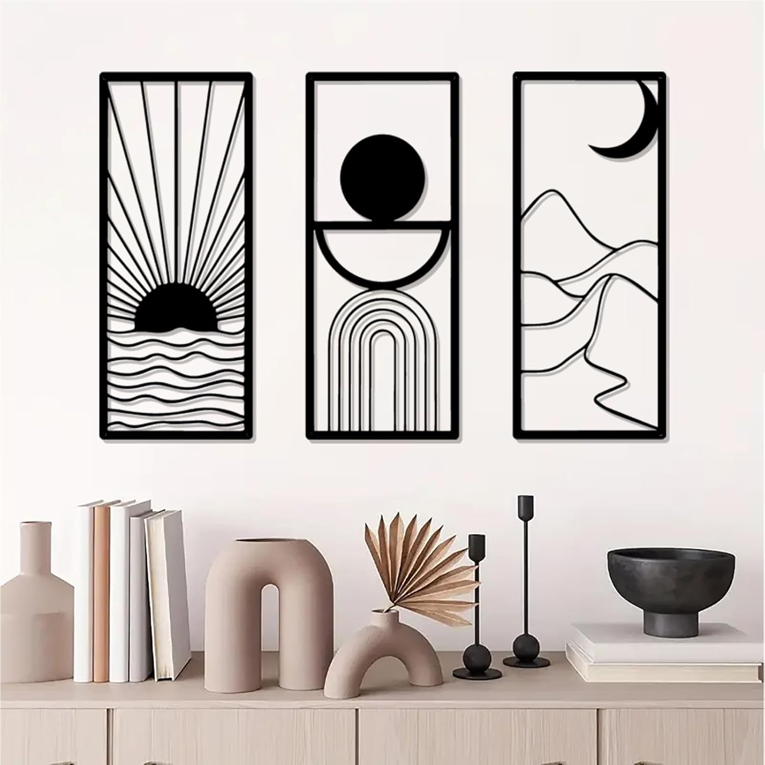 DUOOLN 3 Pcs Black Abstract Metal Wall Decor, Minimalist Decorative Single Line Art Wall hangings, Modern Geometric Sun Moon Mountain Scene Metal Wall Sculpture for Living Room Bedroom Bathroom Study Home Wall Painting