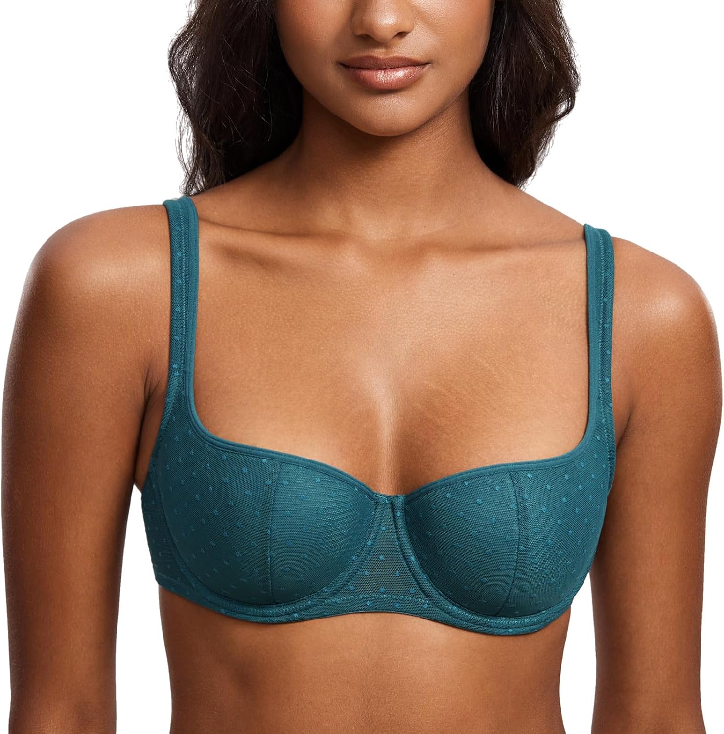DOBREVA Women's Balconette Bra Lightly Padded Plus Size Sexy Mesh Demi Underwire Bras Wide Cushioned Straps