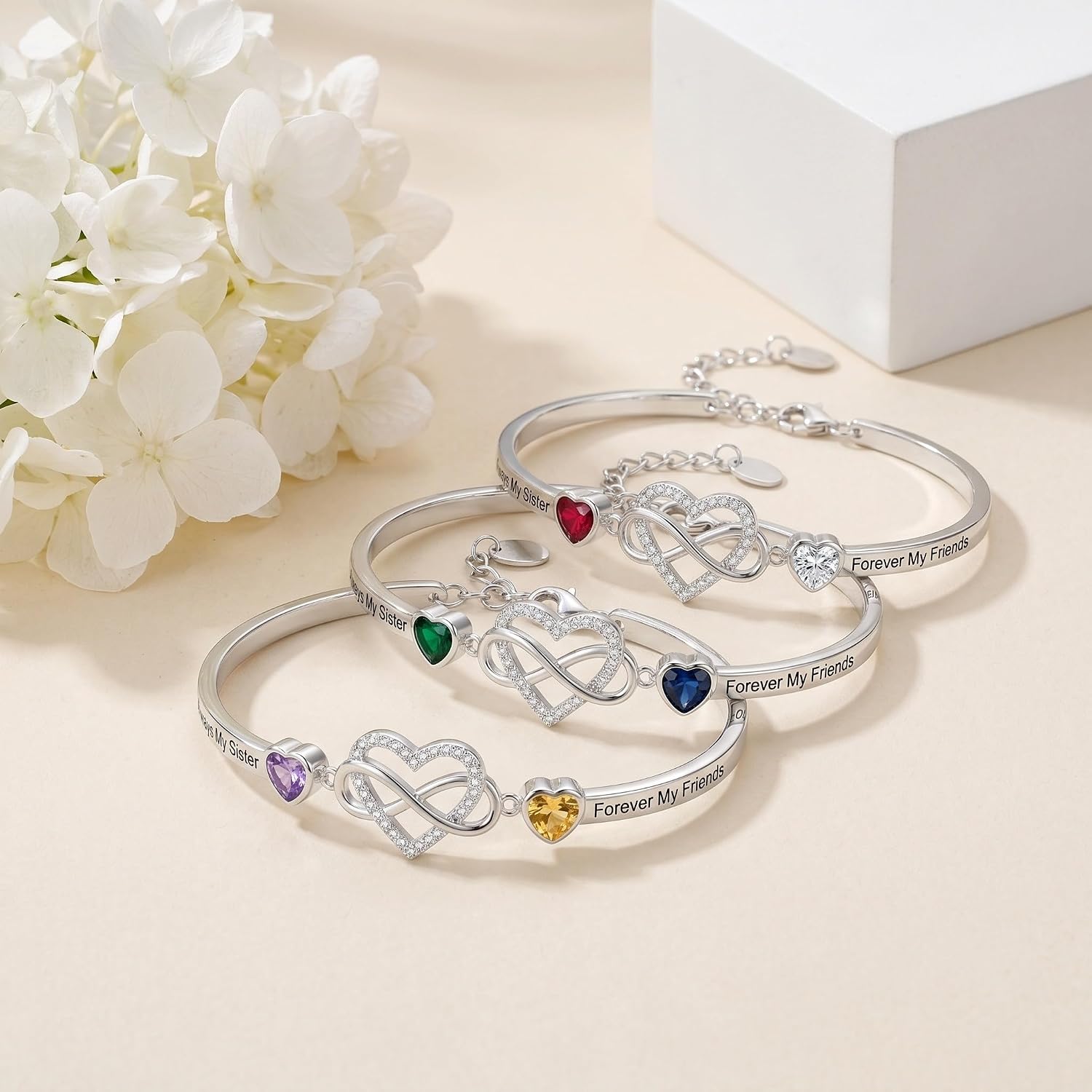 TIGER RIDER Sisters Infinity Birthstone Bracelet 18K White Gold Plated Heart Bracelet Jewelry Anniversary Christmas Birthday Gifts for Women Sisters image 2