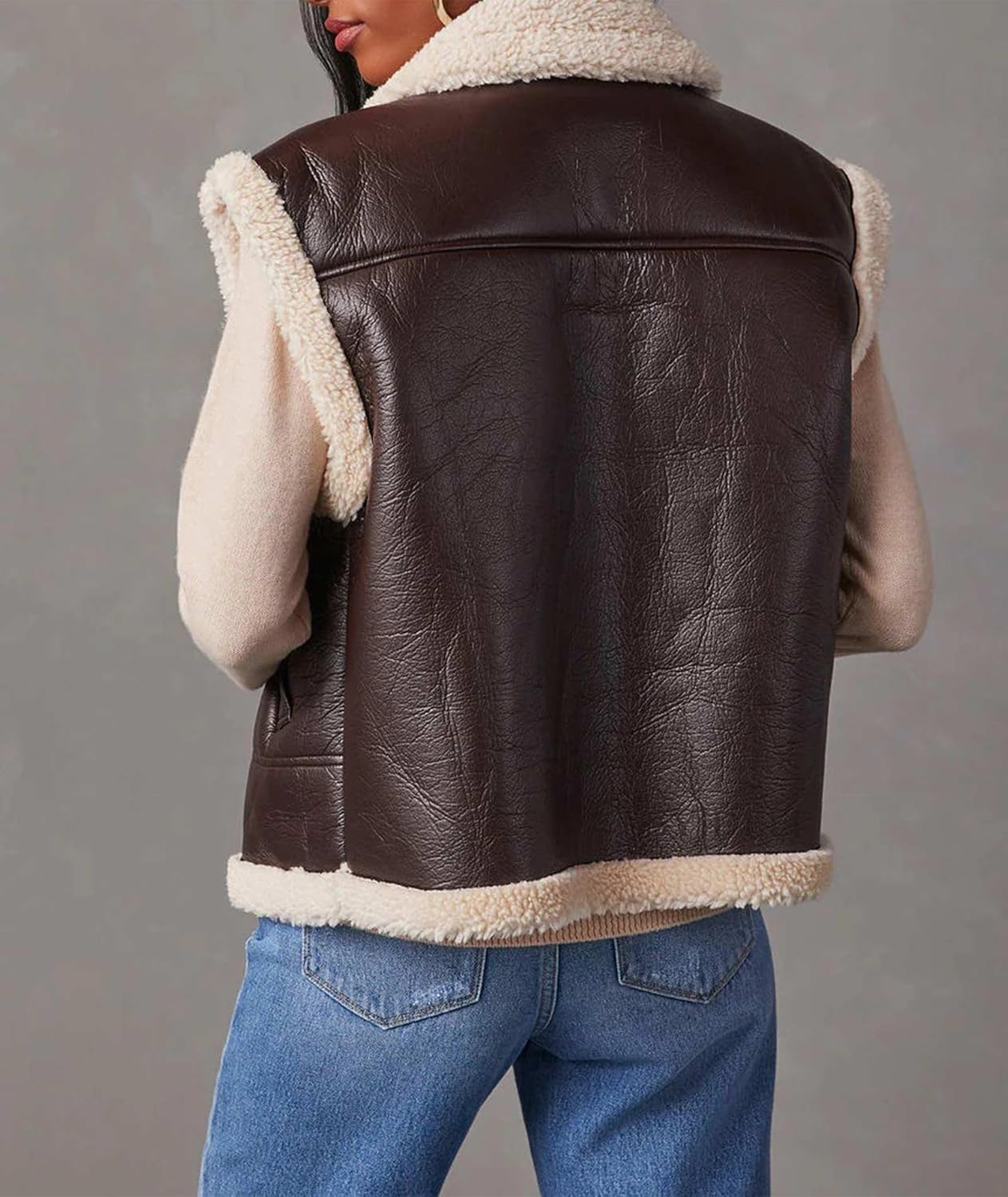 Sexyshine Women's Faux Leather Shearing Sherpa Vest Sleeveless Zip Up Fleece Lined Jacket Coat with Pockets - Image 3