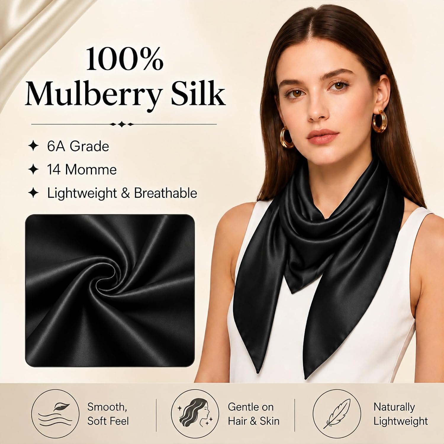 PoeticEHome 100% Mulberry Silk Head Scarf for Women, 35 x 35 Inch Square