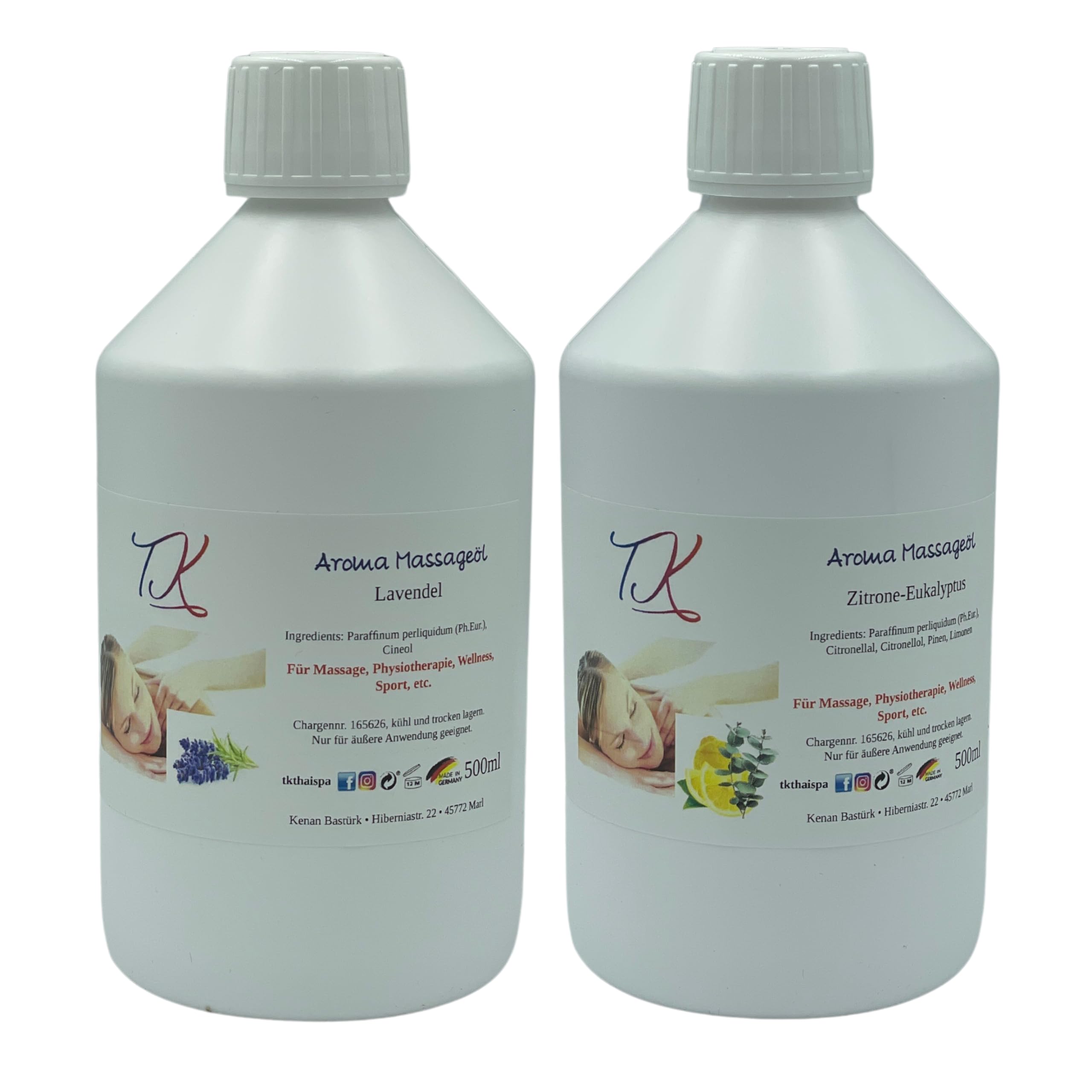 Juego de 12 aceites aromáticos para masaje, fisioterapia, bienestar, deportes, etc. (2 x 500 ml) en calidad farmacéutica (1000 ml, lavanda y limón de eucalipto)