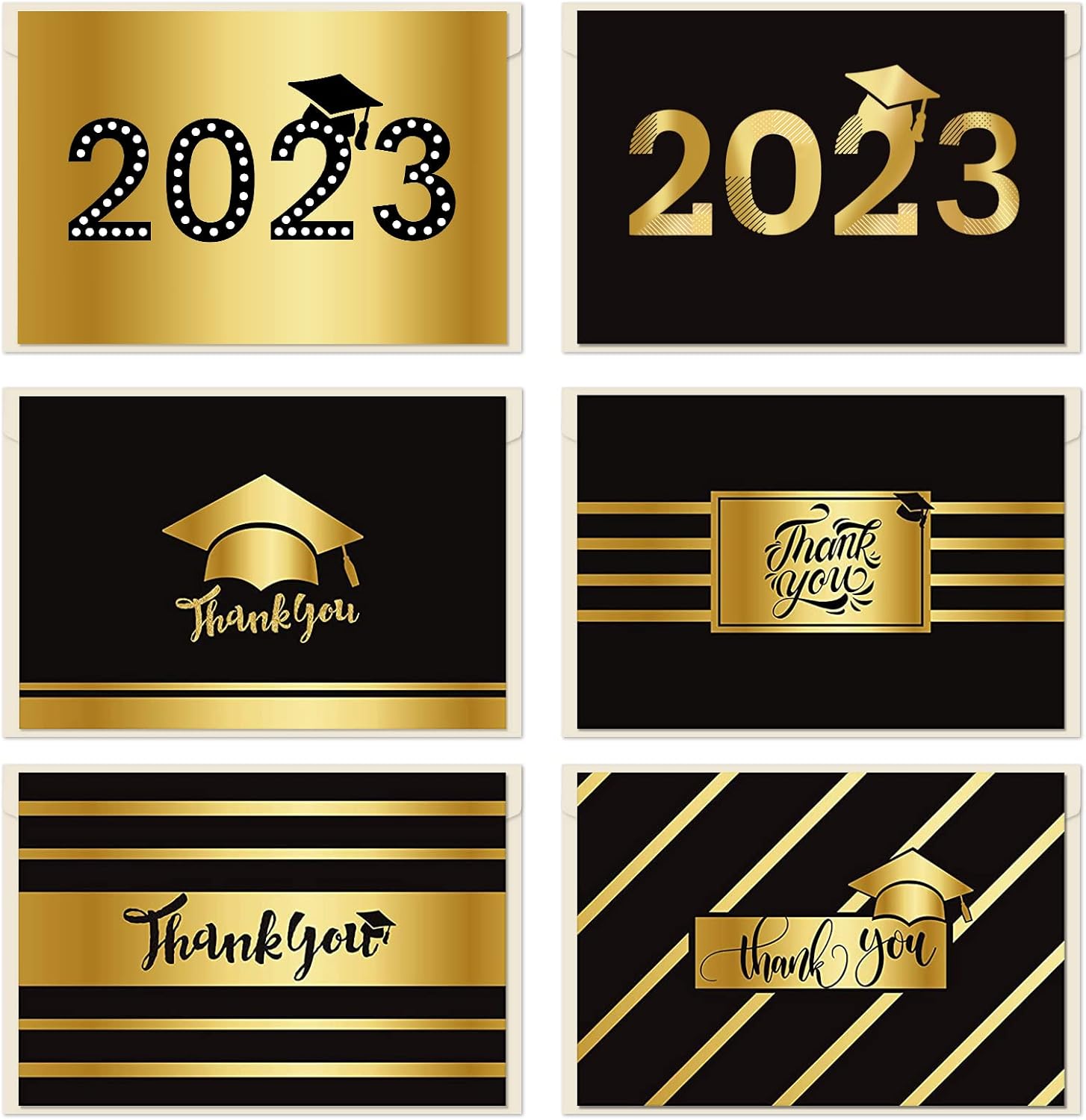 WAVEJOE 2023 Graduation Thank You Cards, 24 Pack Gold Foil Holographic Metallic Cards with Envelopes for Graduates, Graduation Party Game Activities Supplies - 6 Design