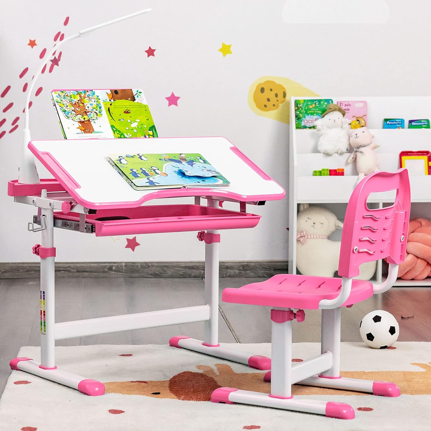 COSTWAY Kids Desk and Chair Set, Height Adjustable Student Study Table with Drawable & Tilted Desktop and Pull-Out Drawer, for Writing, Reading and Drawing (Pink with Light)