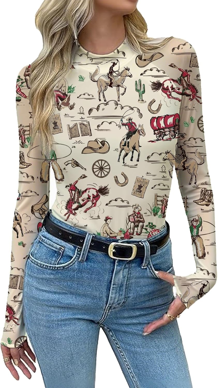 Mesh Long Sleeve Shirts for Women See Through Graphic Tees Sexy Costumes Y2k Mock Christmas Party Outfits Western Rodeo Tops