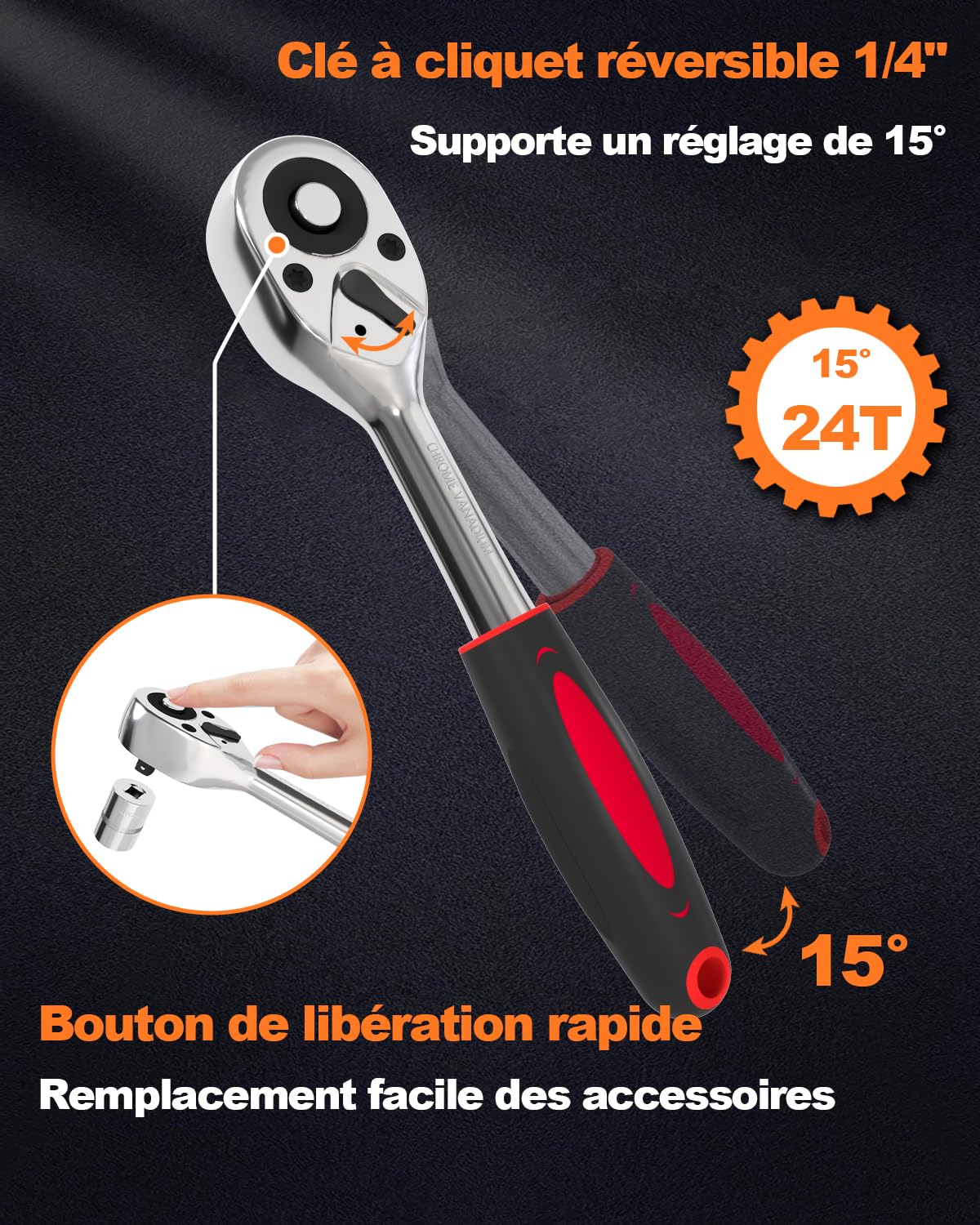 Lot de 46 Coffret Douille Cliquet 1/4" le Chromé, Ensemble de clés à Cliquet et Cliquets Adapté pour les Travaux sur Vélos et Outillage Mecanique Auto, Taille 1/4"