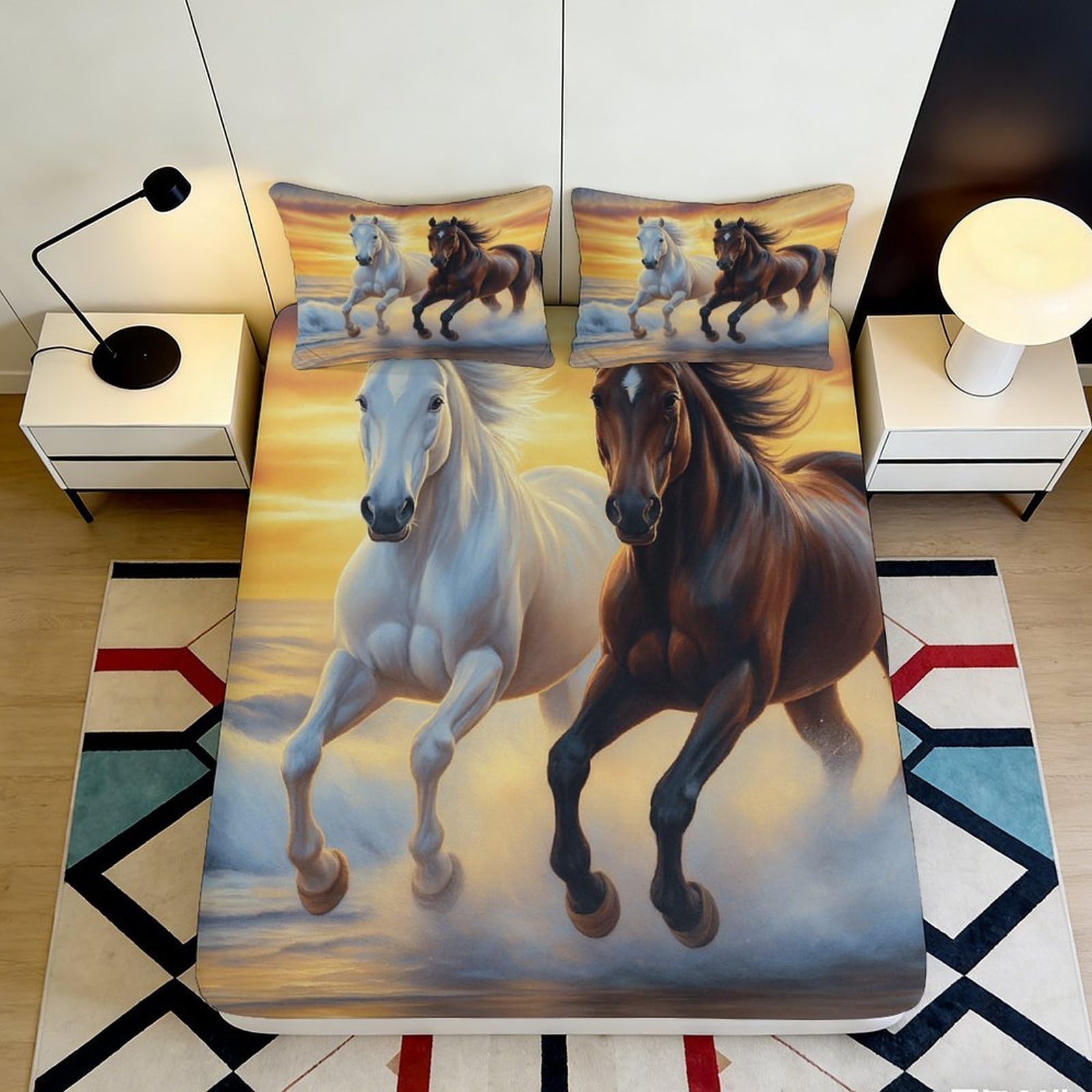 3D Printed Running Horses Fitted Sheet Microfiber Soft Brown White Horse Bed Cover for Bedroom Guest Room Mattress Decor 90x200x25cm