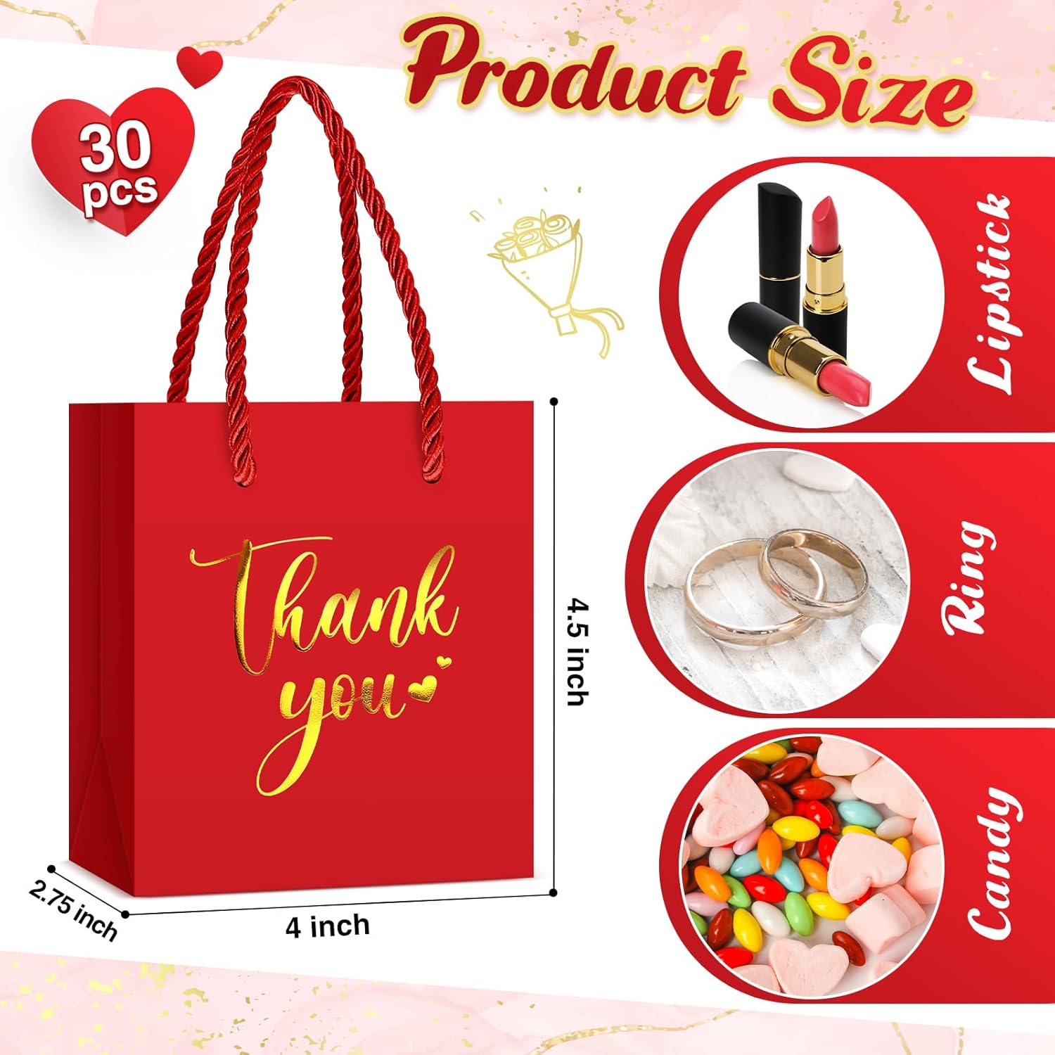 Honoson 30 Pcs Mini Gift Bag with Handle 4 x 2.75 x 4.5'' Small Thank You Bag Foil Paper Tote for Valentine's Day Wedding Baby Shower Birthday Graduation Party Favor Supplies(Red/Gold) - Image 3