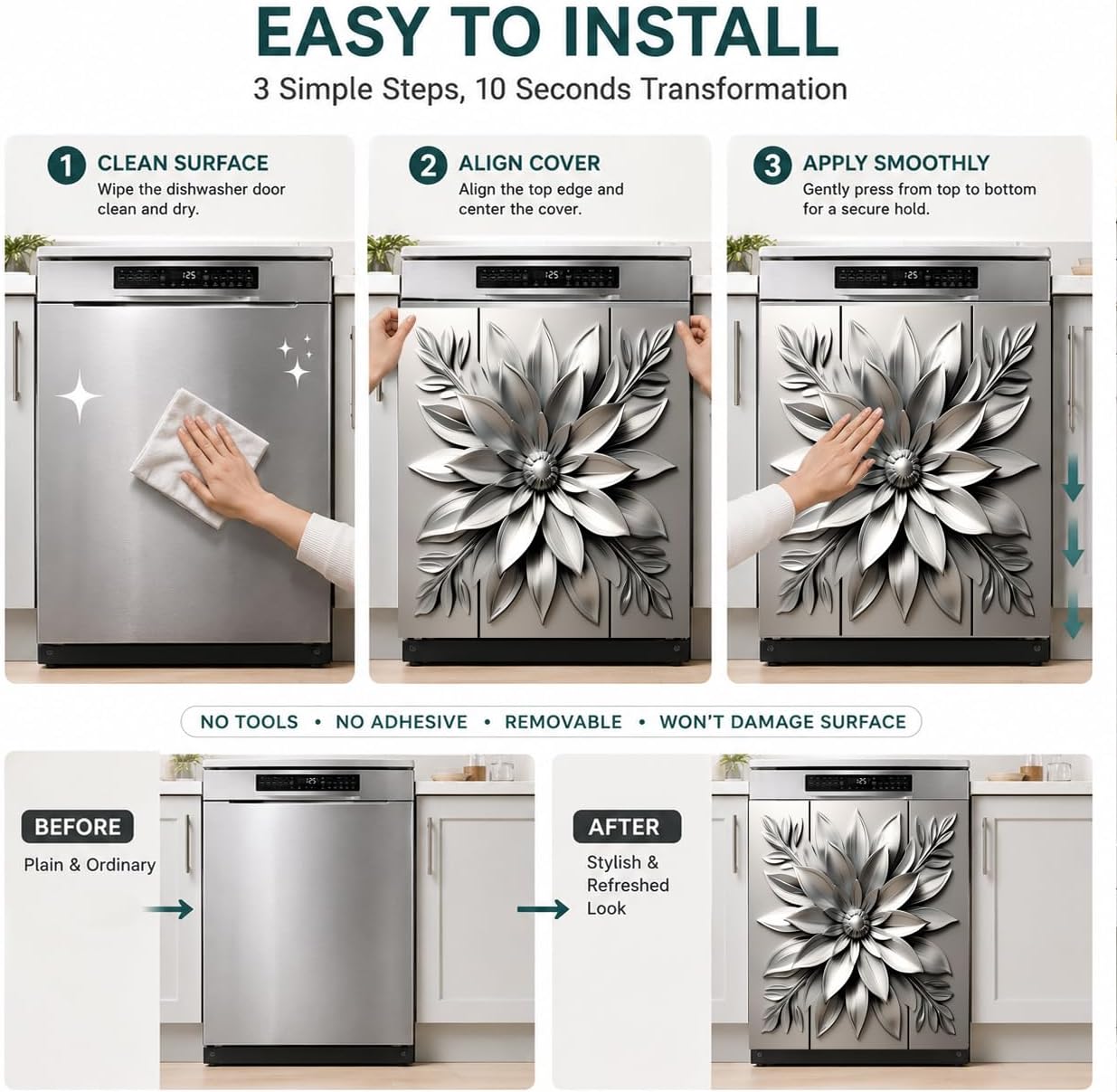 Stainless Steel Flower Magnetic Dishwasher Decorative Cover,Metal Art Style Home Appliance Covers Sticker,Personality Magnet Door Panel Decal Kitchen Decor 23"" x 26"" Magnetic, Rimyy08-1