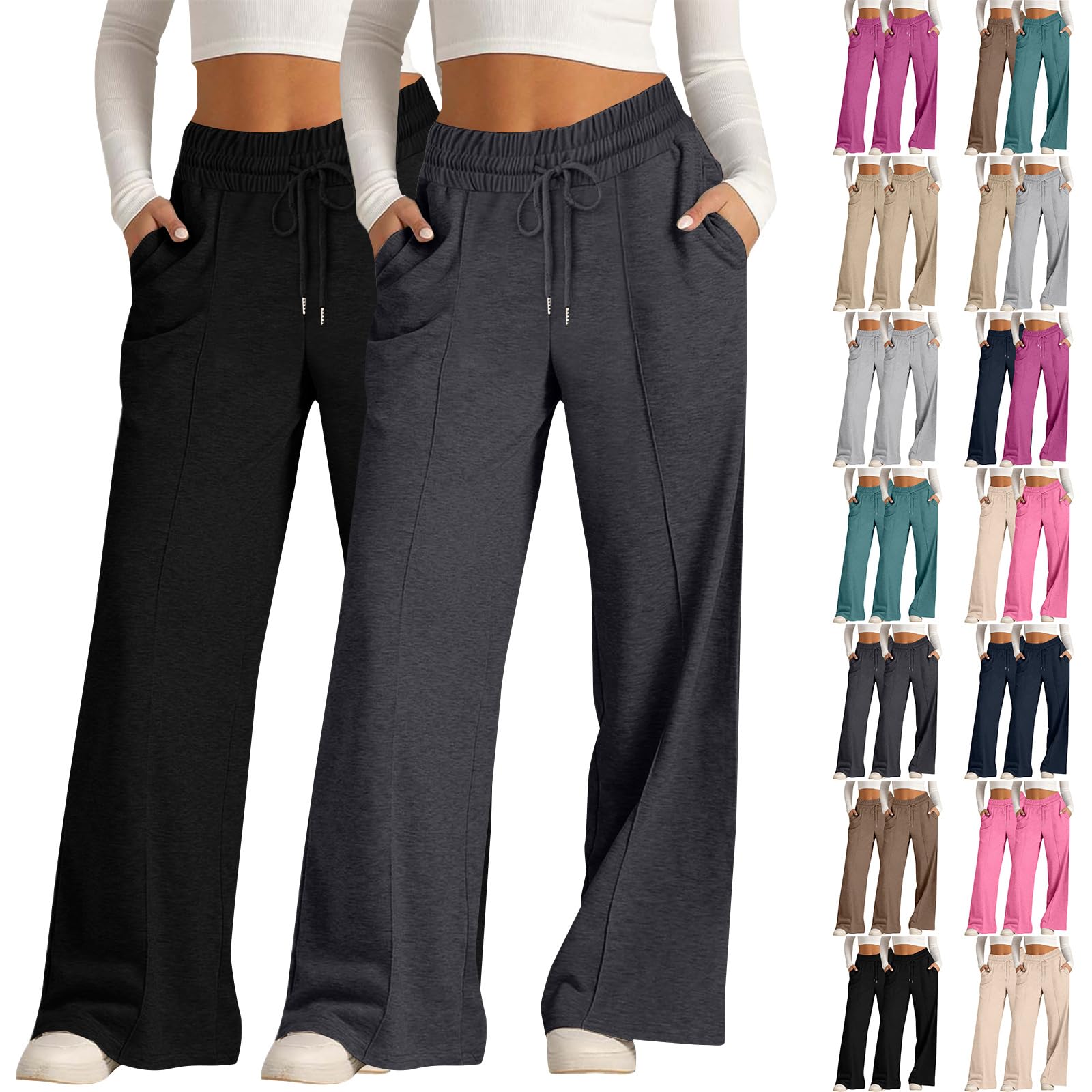 Damen Freizeithose Lang Weites Bein 2Pc, Jogginghose High Waist Sweathose