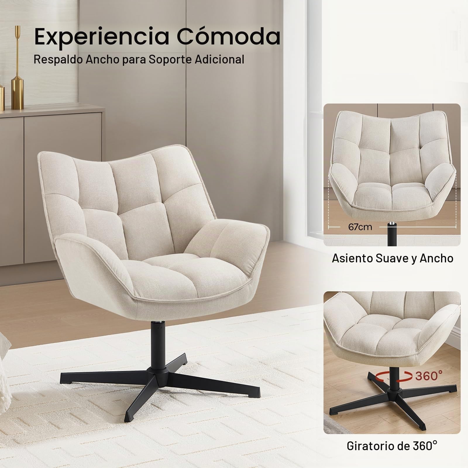 WOLTU Sillón Relax Giratoria, Silla Relax Ergonómica con Acolchado, Beige | Sillon Dormitorio Moderna con Respaldo y Asiento de Lino, Silla Lectura con base de metal en forma X, Estructura de Madera