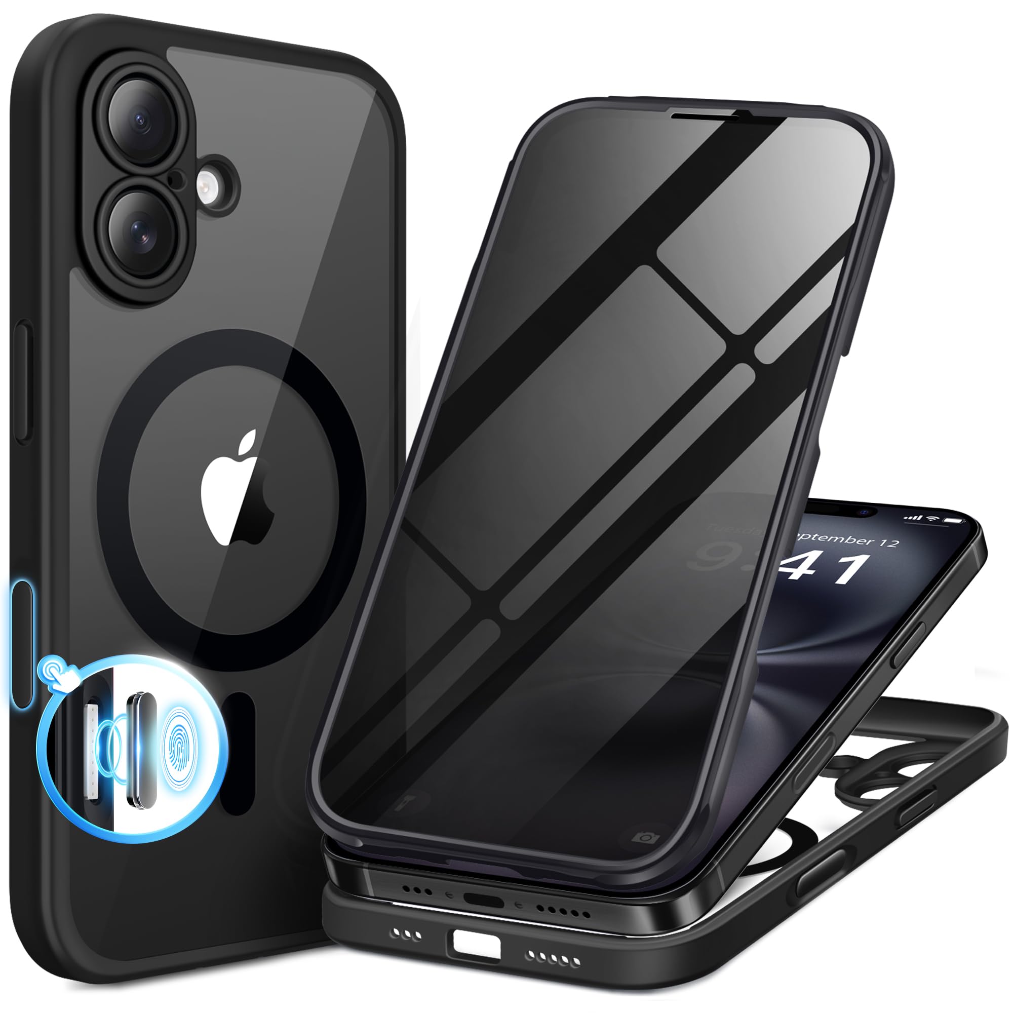 BERFY for iPhone 16 Case, Compatible with MagSafe, Built-in Privacy Screen Protector and Camera Protection, Anti-Spy Full Body Shockproof Phone Case