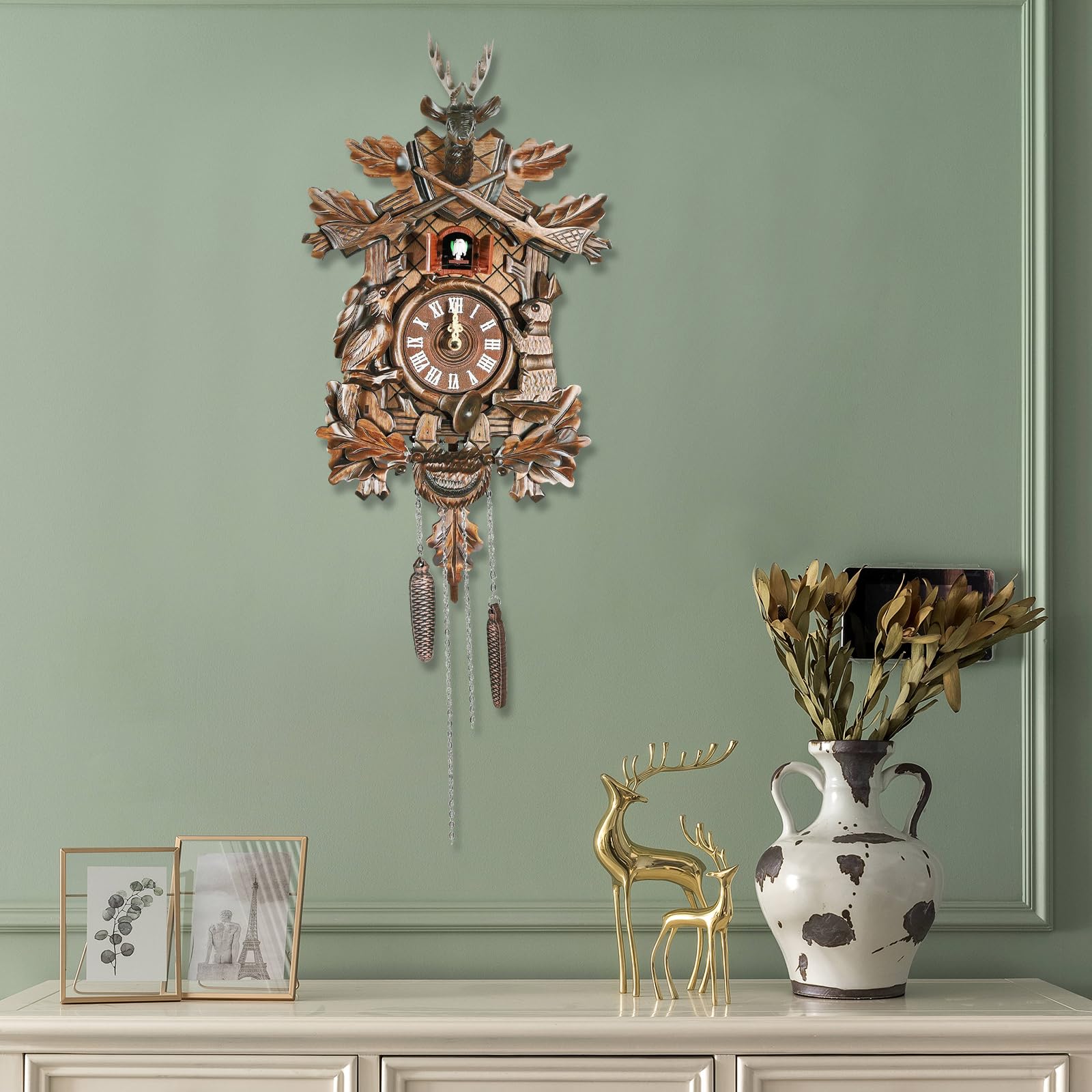 RibasuBB Cuckoo Wall Clock, Black Forest Hand-Carved Cuckoo Clock with Volume Control, Night Mode, Black Forest Retro Traditional Handcrafted Wooden House Home Decor, Gifts for Family