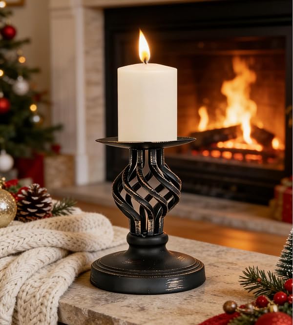LHQOO Pillar Candle Holder – Vintage Metal with Weighted Non-Slip Base & Anti-Tip Design, Fits 3" & Under Pillar Candles, for Home, Wedding, Party, Dining, Anniversary (Black-Small Size) by LHQOO - Used condition - US$14.60