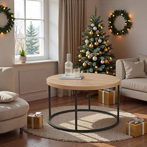 CENSI Mesa auxiliar redonda de 31.5 pulgadas, moderna mesa central industrial de madera de roble natural para sala de estar, patas de metal Roble