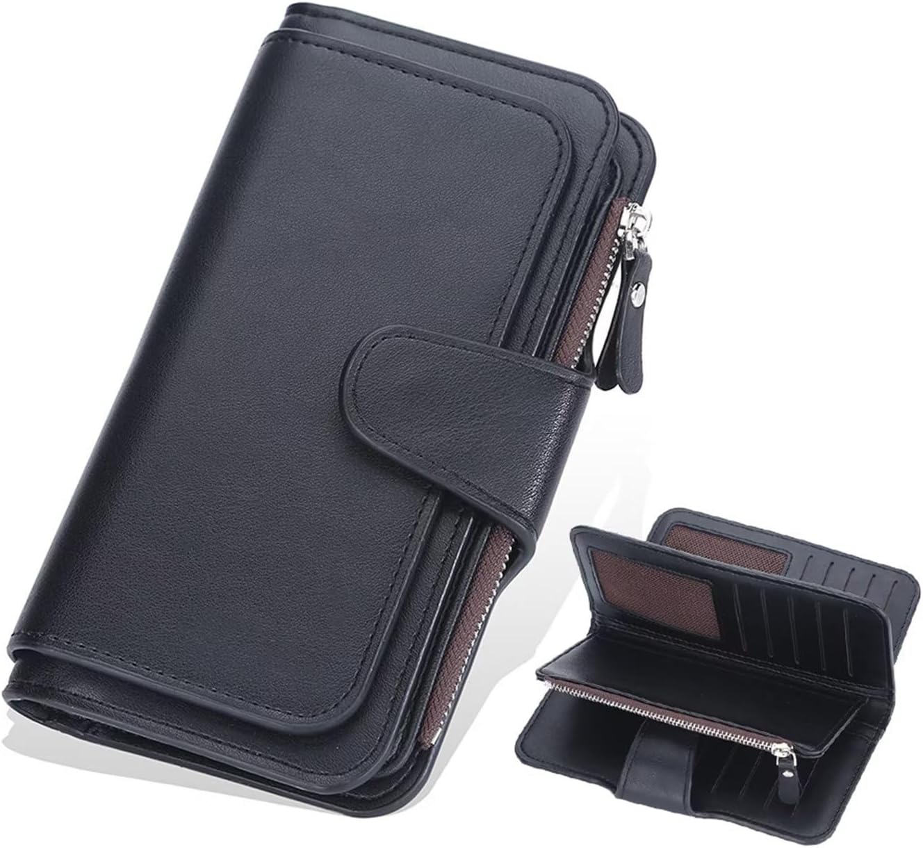 tasatoWomen's Wallet Leather Long Purses for Girls RFID Protection with Card and Zip Coin Pockets, Black, Black, 10 x 3 x 19cm, Casual