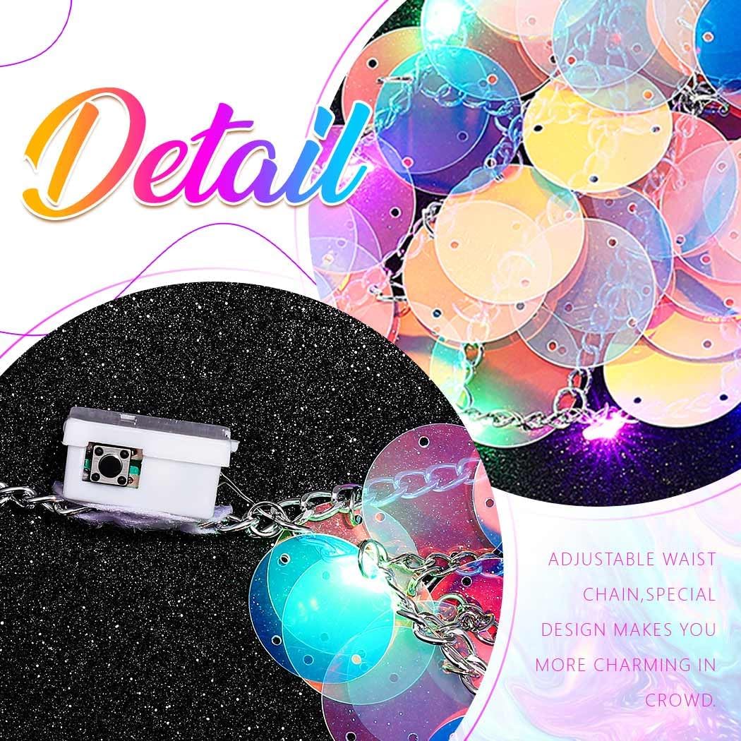 Aukmla Women Sparkly Sequin Belly Dance Skirt Light Up Dots Waist Chain Rave Mermaid Skirts