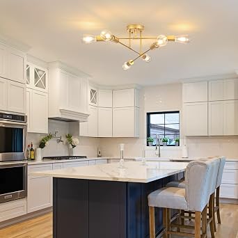 Gold Ceiling Lights Living Room, 6-Lights Sputnik Ceiling Light, Modern Gold Sputnik Chandelier Semi Flush Mount Ceiling Light for Bedroom Kitchen Dining Room Hallway Office