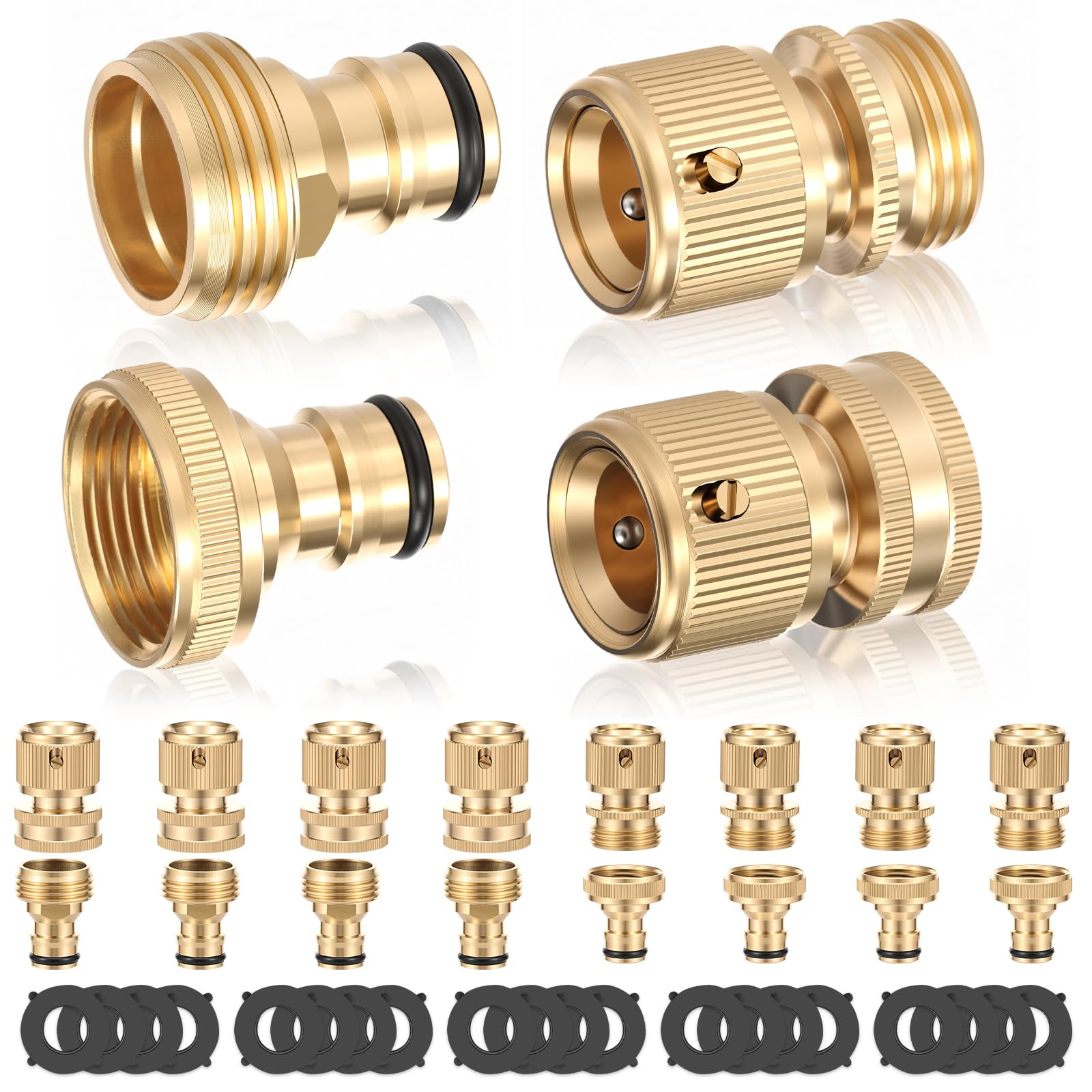Lulobtg Women's Golden 20 Pcs Brass Garden Hose Connectors 3/4" Ght Hose Pipe Connector & Tap Connector Kit With 20 Pieces Sealing Ring For Garden Pipe Tub (20)