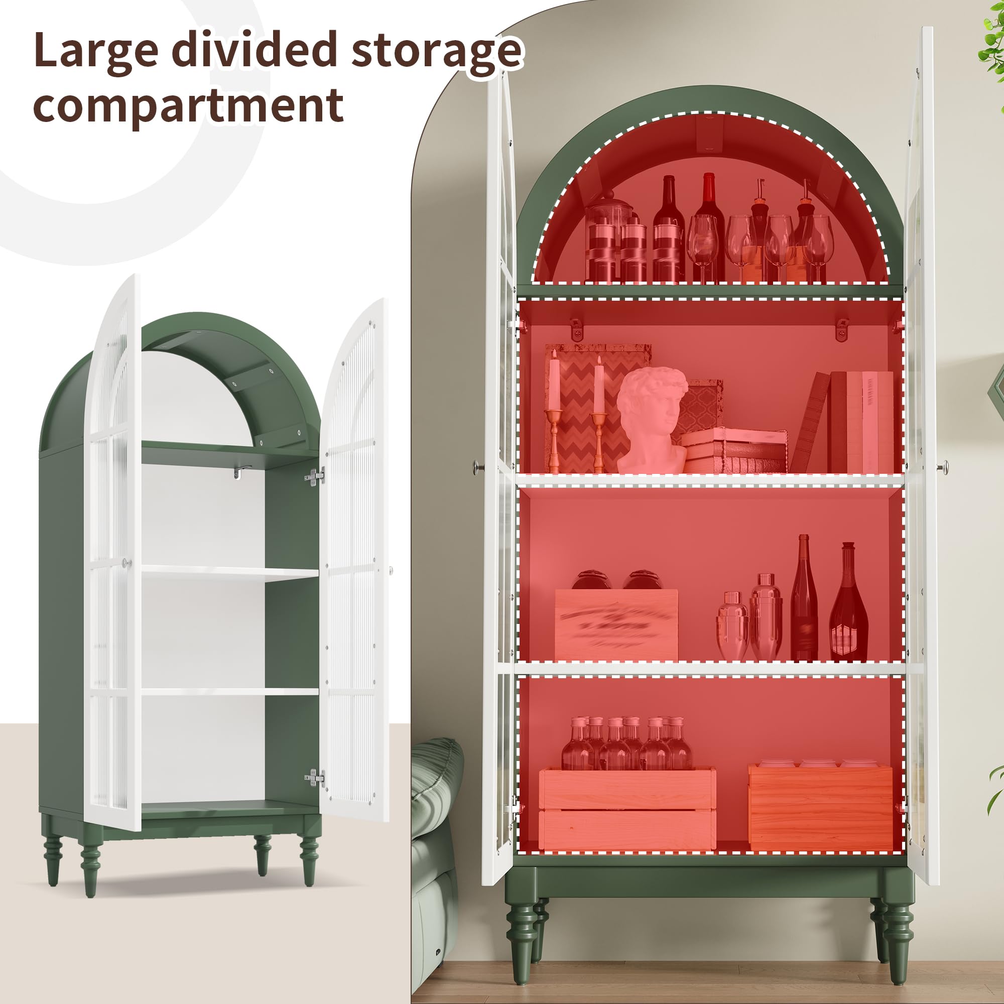Vitrina arqueada 165 cm con puertas dobles de cristal estriado, 3 niveles, verde oscuro y blanco