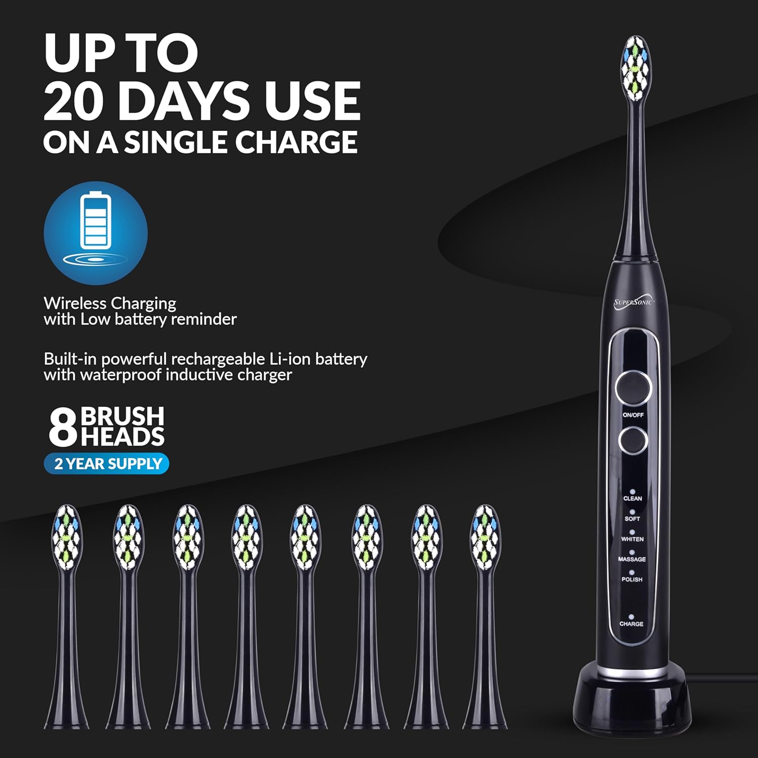 Supersonic TB-5100 Sonic Zoom Advanced Whitening Electric Toothbrush | 40,000 VPM | Wireless Charging | 5 Cleaning Modes | 8 Brush Heads | Auto Timer | Travel Case | Black