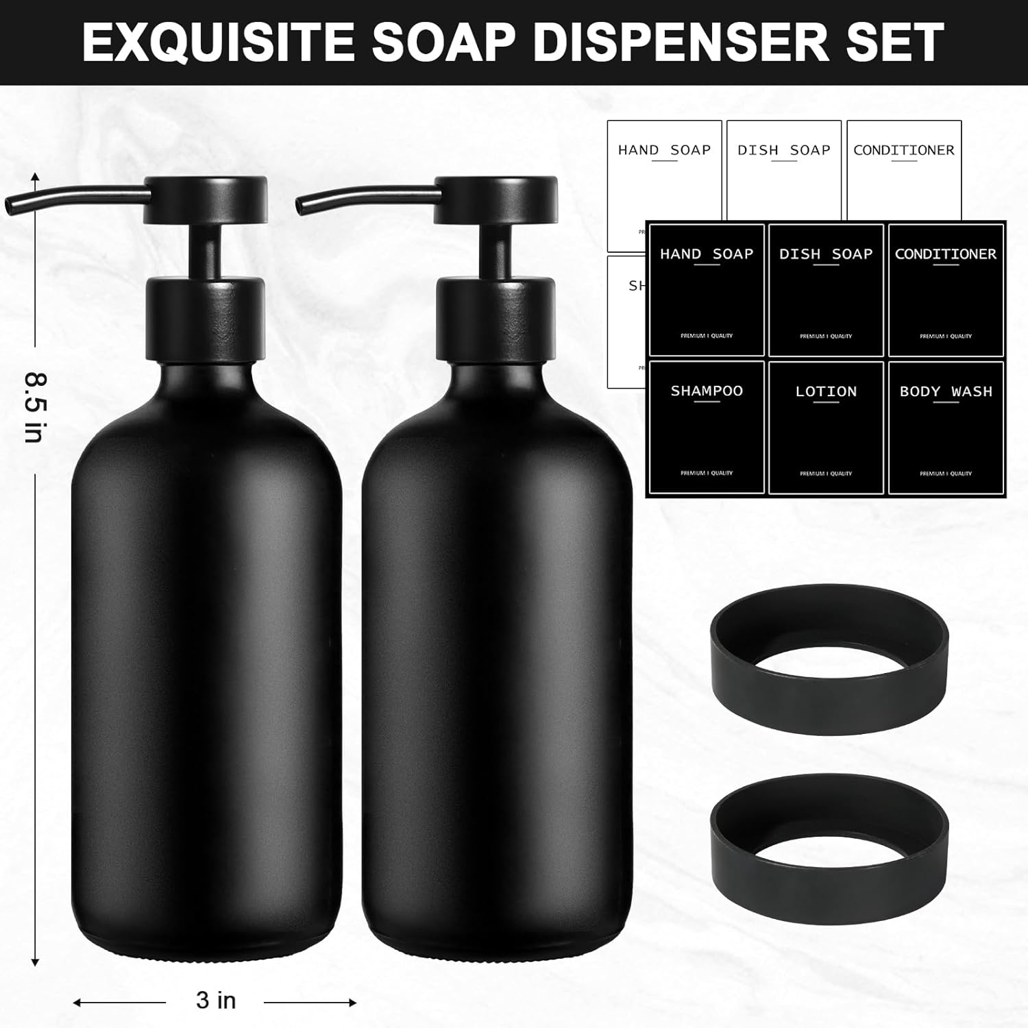 Black Glass Soap Dispenser with Stainless Steel Pump, 16.9 Fl oz Soap Dispenser Set for Kitchen, Matte Black Hand Dish Soap Dispensers for Kitchen and Bathroom, Lotion Dispenser Bathroom Decor - Image 2