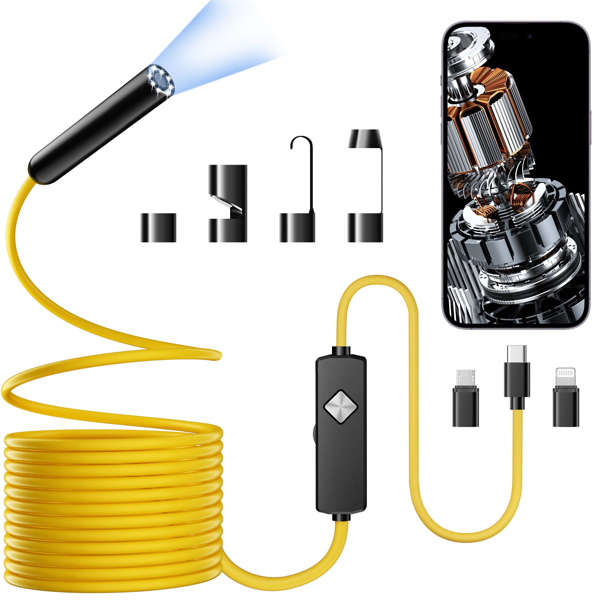 Endoscope with Light, 1920P HD Borescope with 8 Adjustable LED Lights, Semi-Rigid Snake Camera, IP67 Waterproof Inspection Tool (9.8ft, Yellow + Single Lens Wiring Harness)