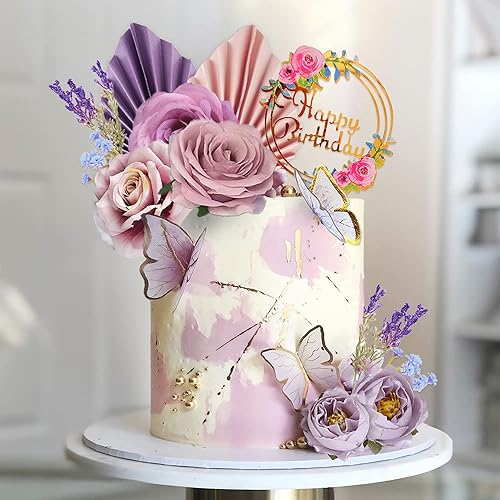 Miniatura 10 de 17 piezas de adornos de pastel de flores bohemios decoraciones de pastel de mariposa con rosas artificiales claras eucalipto y mariposas para fiesta
