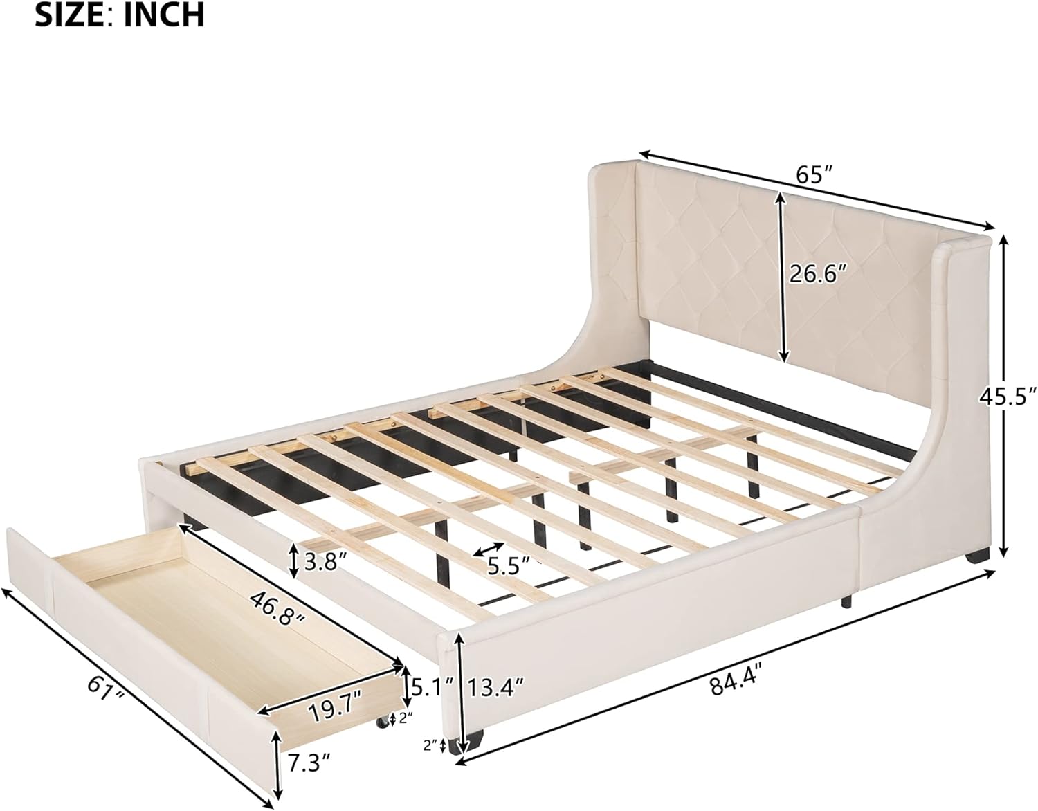 Diagram showing the dimensions of the HomJoones Queen Size Upholstered Platform Bed Frame with Storage Drawers.