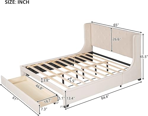 Miniatura 2 de SOFTSEA Cama de plataforma tapizada tamaño Queen con cajón de almacenamiento, marco de cama tapizado con cabecera con respaldo de alas, soporte de